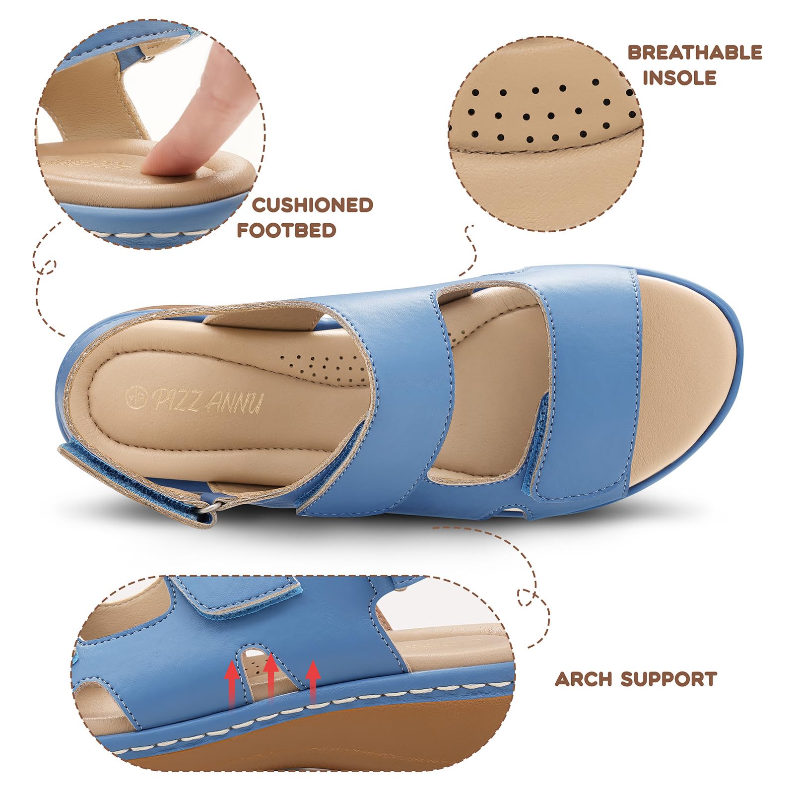 PIZZ ANNU Clara Sandalias Ortopedicas Mujer Verano Comodas Zapatos con Cuña Ligera y Velcro Ajustable Suela Antideslizante para Uso Diario