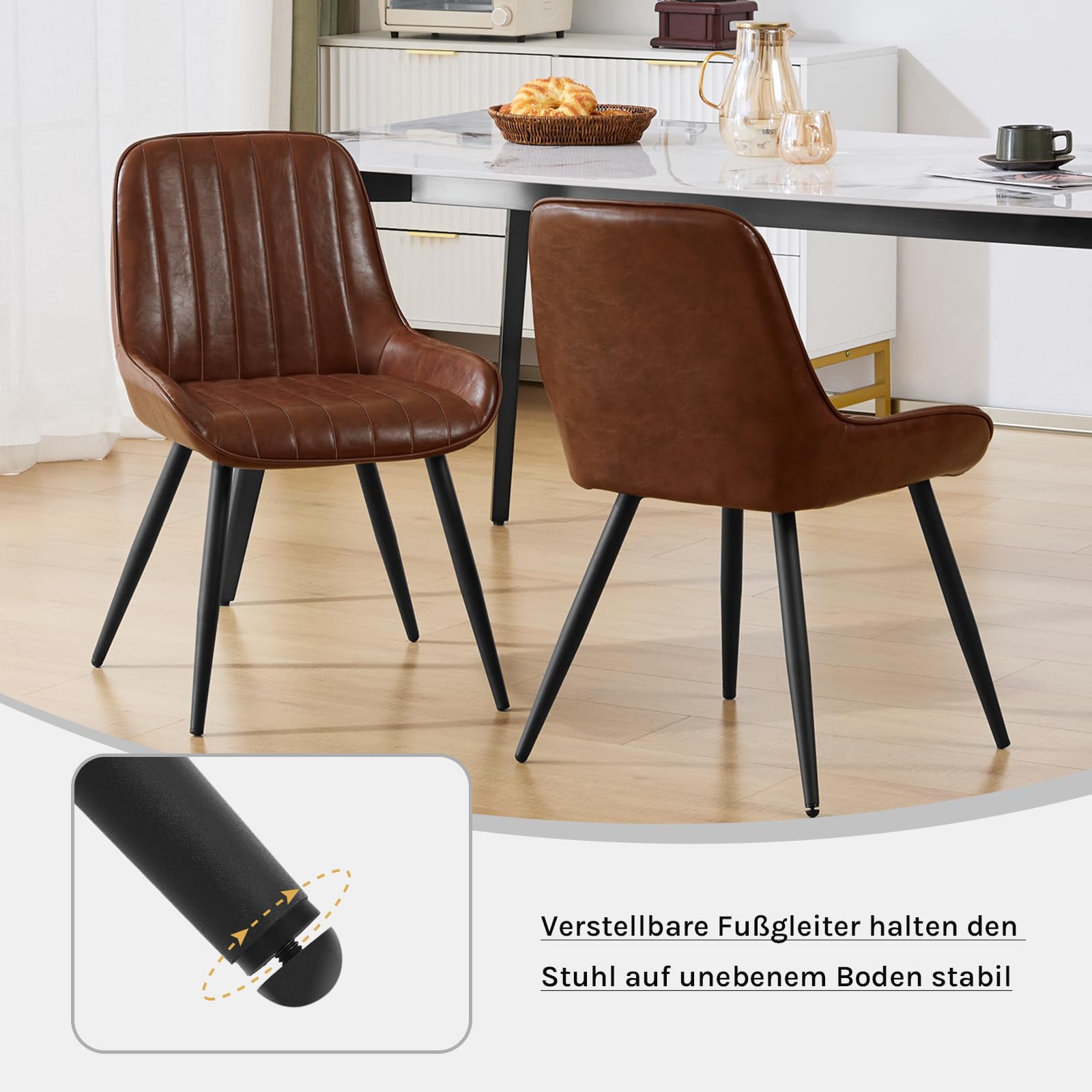 Lestarain Esszimmerstühle 2er Set, für Esszimmer Wohnzimmer Küche, Retro Küchenstühle gepolstert, Sitzfläche aus Kunstleder, mit Metallbeine, bis 150 kg belastbar, Braun