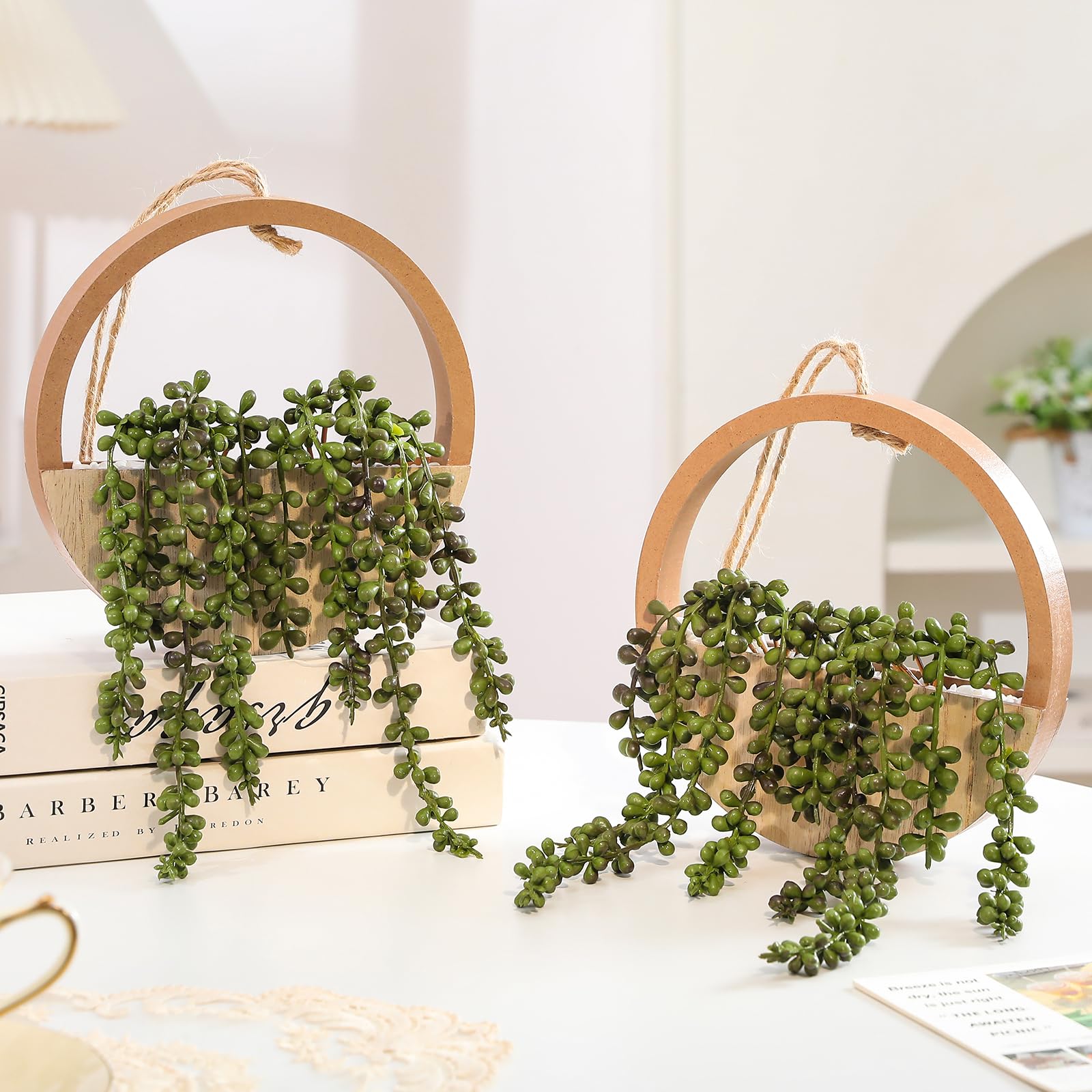 Plante succulente Artificielle à Suspendre - 30,5 cm - dans Un Pot en Bois - Décoration Murale intérieure et extérieure (Bois, 2 pièces)