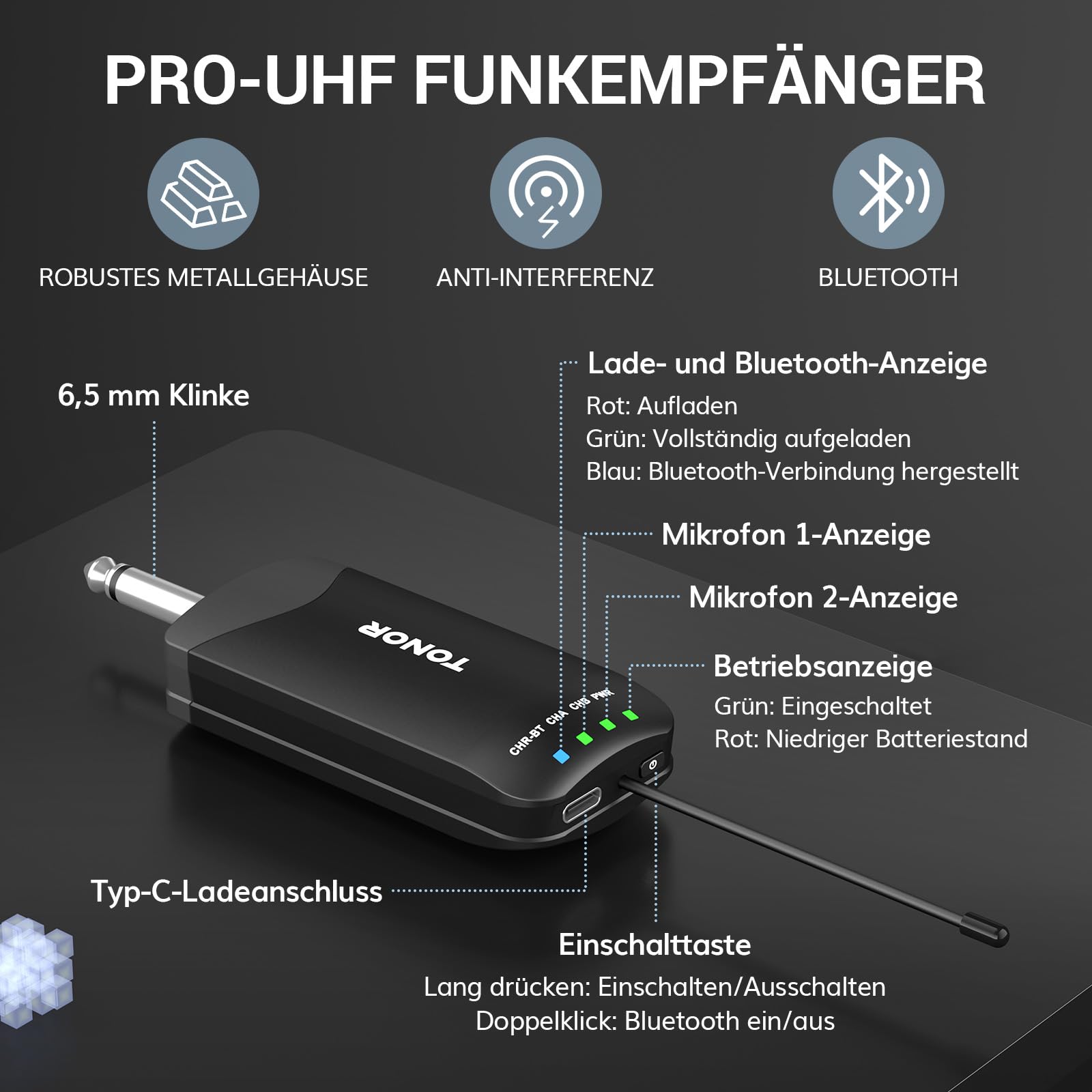 TONOR TW720 Drahtloses Mikrofon Set, Bluetooth Wiederaufladbares UHF Funkmikrofon, 2x25 Einstellbar, 100 m