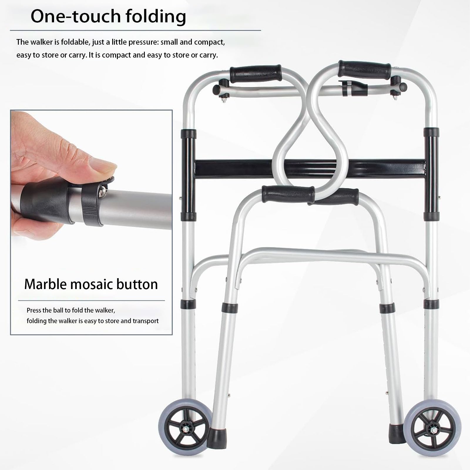 Andadores para Personas Mayores, andadores Verticales Ligeros, Andador Plegable con Asiento y Ruedas, 6 Niveles de Ajuste de Altura, Capacidad de Carga de 120 kg