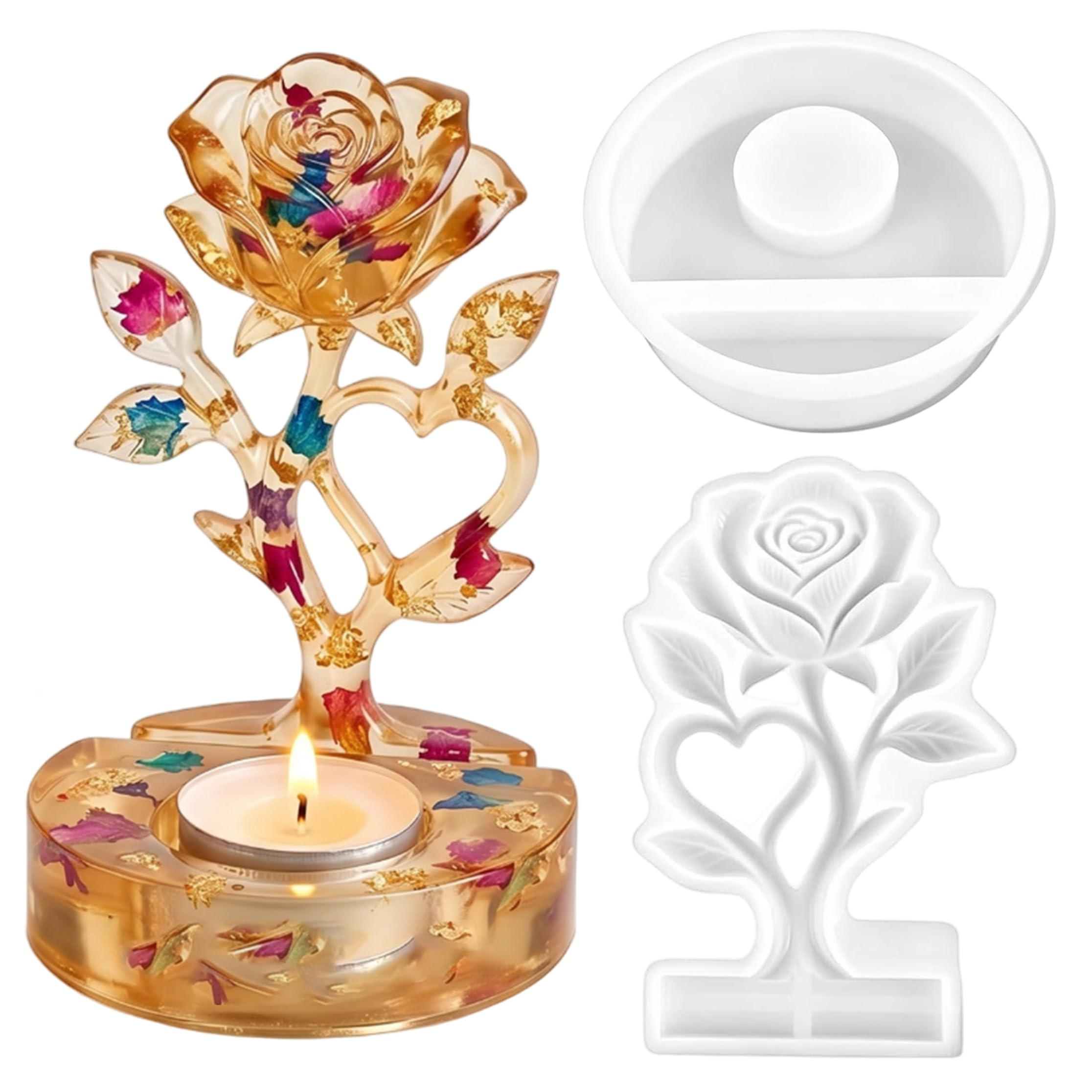 Xoeryoy Mould Resin, Rose Heart Silicone Molds for Crafts, Flexible Candle Holder Molds, Reusable Casting Tool for Cement Plaster DIY Decor