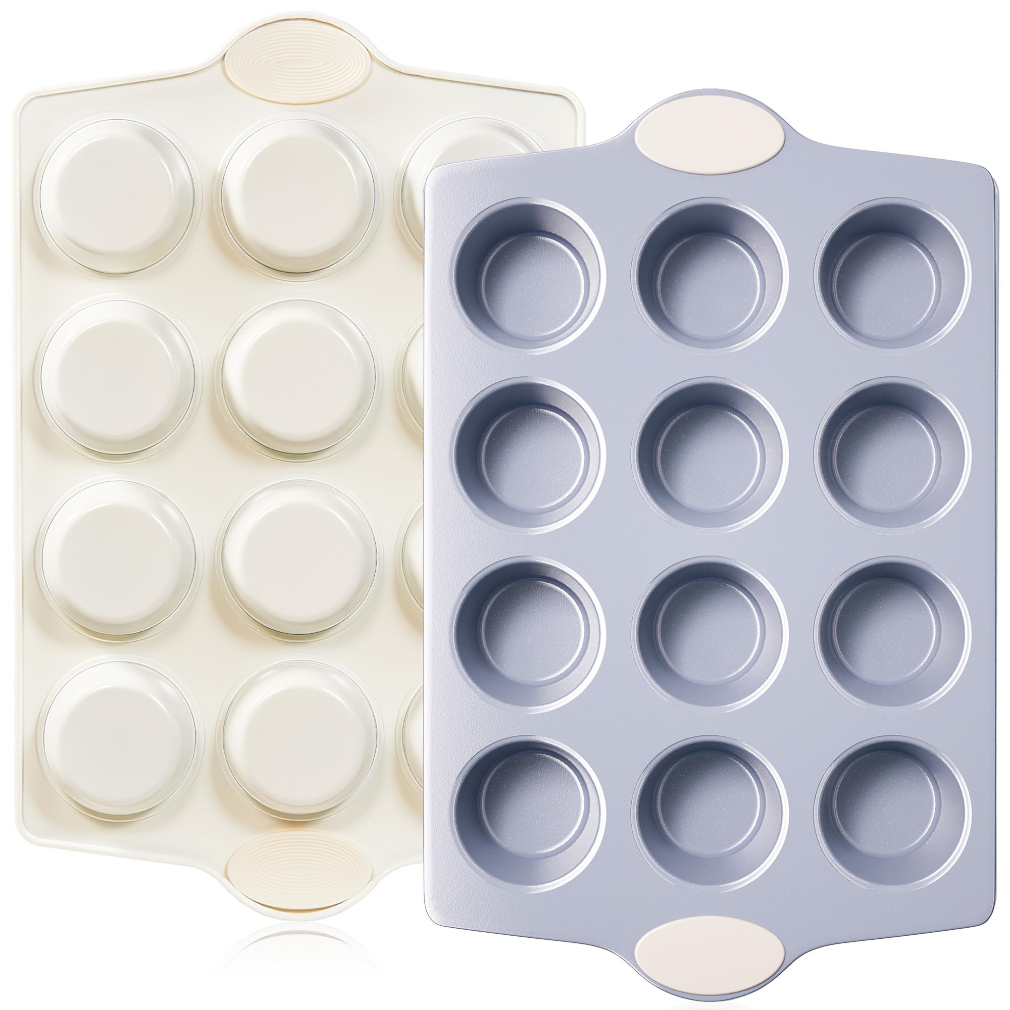 BRONYPRO Muffinform aus Keramik, 12 Tassen, antihaftbeschichtet, aluminisierter Stahl, gesunde, ungiftige Keramikbeschichtung, Muffinform, 2 Stück, Cupcake-Formen zum Backen, Beige