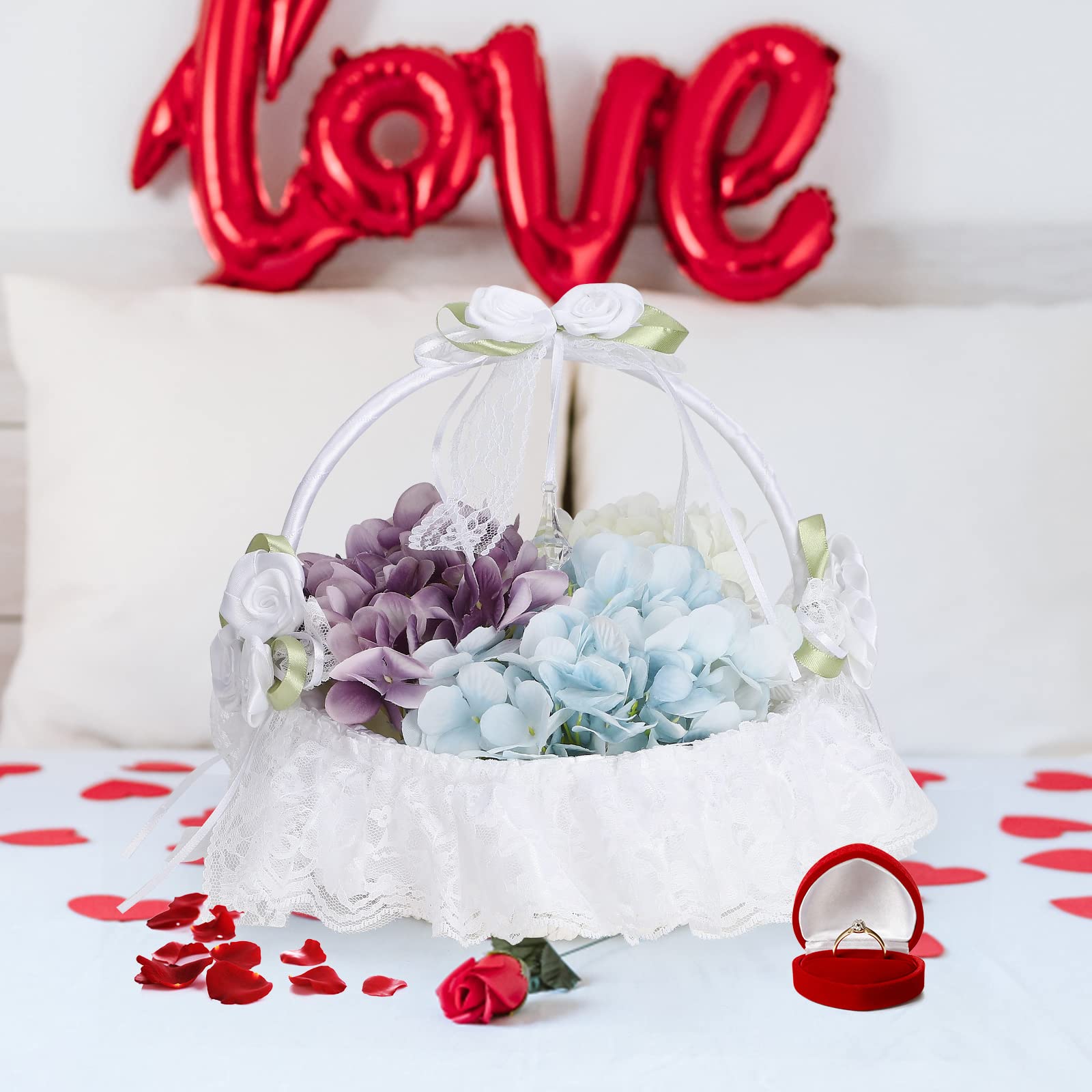 Flower Girl Baskets for Weddings White Fairy Lace Bowknot Wedding Basket with Foldable Handle and Artificial Crystal Romantic Stain Flower Basket for Wedding Ceremony Party Decoration(White/2 PCS)