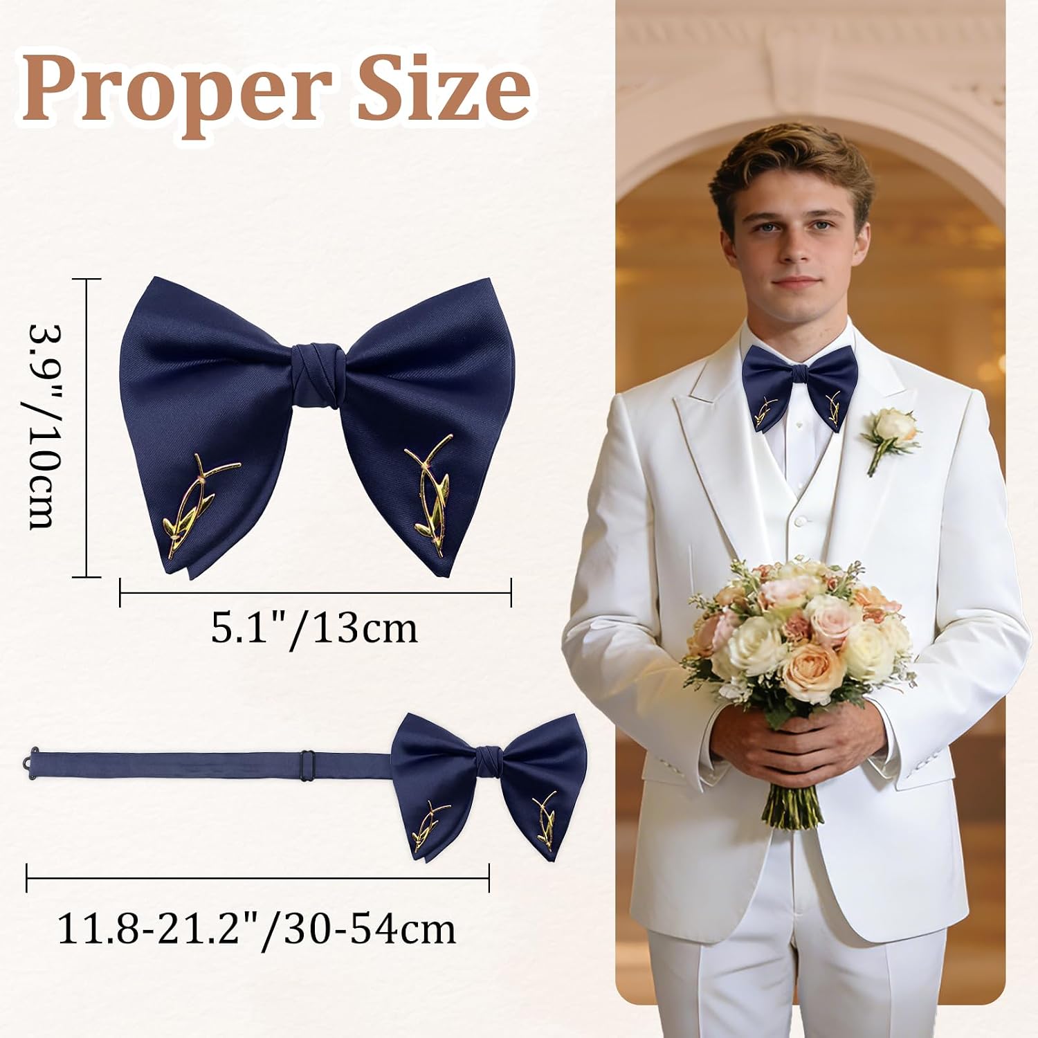 Oversized Bow Ties for Men with Branch Decoration for Party Wedding | Gold Branch Metal Ornaments Mens Bow Tie, Smooth Polyester Surface, Simple Luxurious Look, for Date Banquet Business Meeting