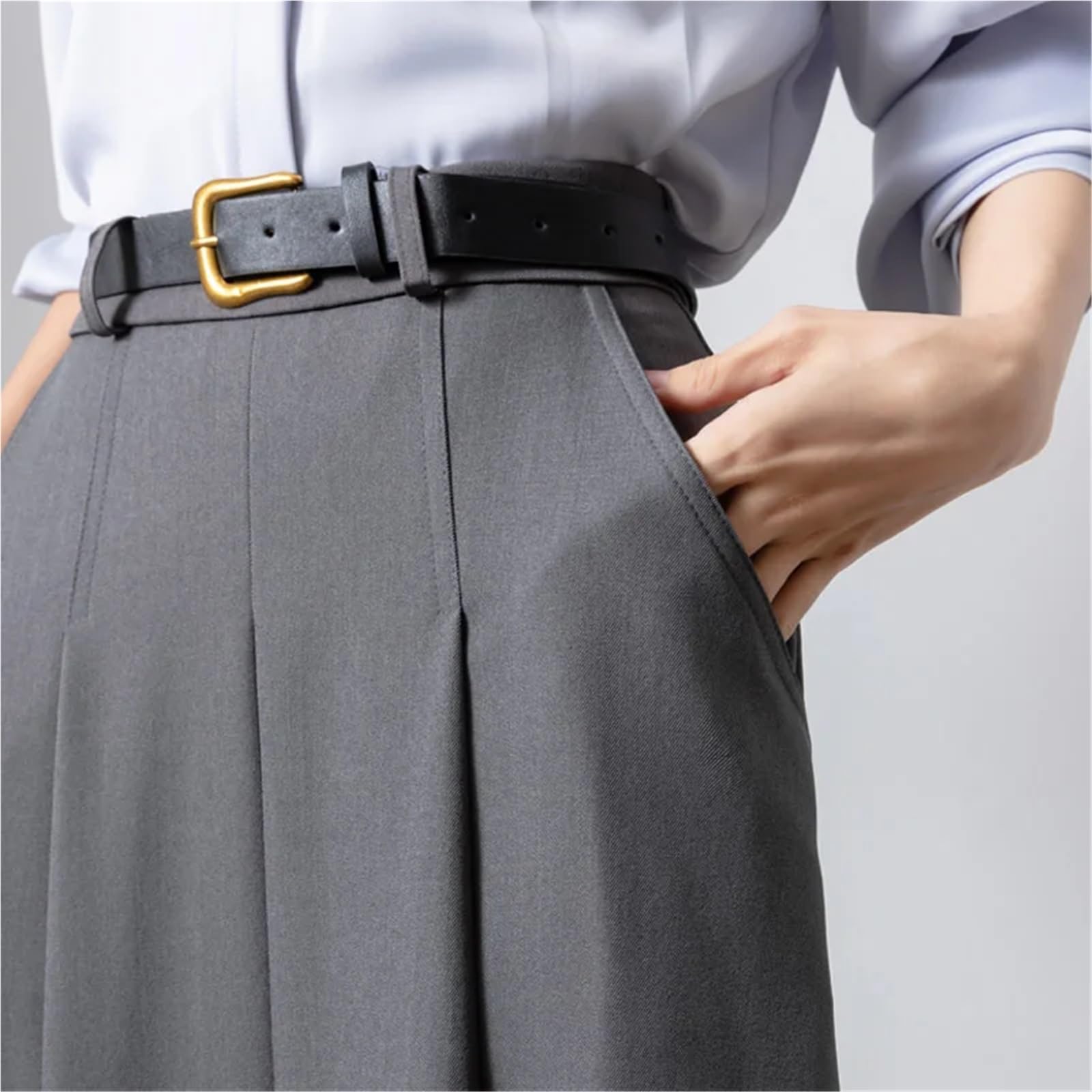 Falda Larga Faldas elegantes de otoño for mujer, cintura alta, con bolsillos, lisas, informales, holgadas, plisadas, oficina, corte A