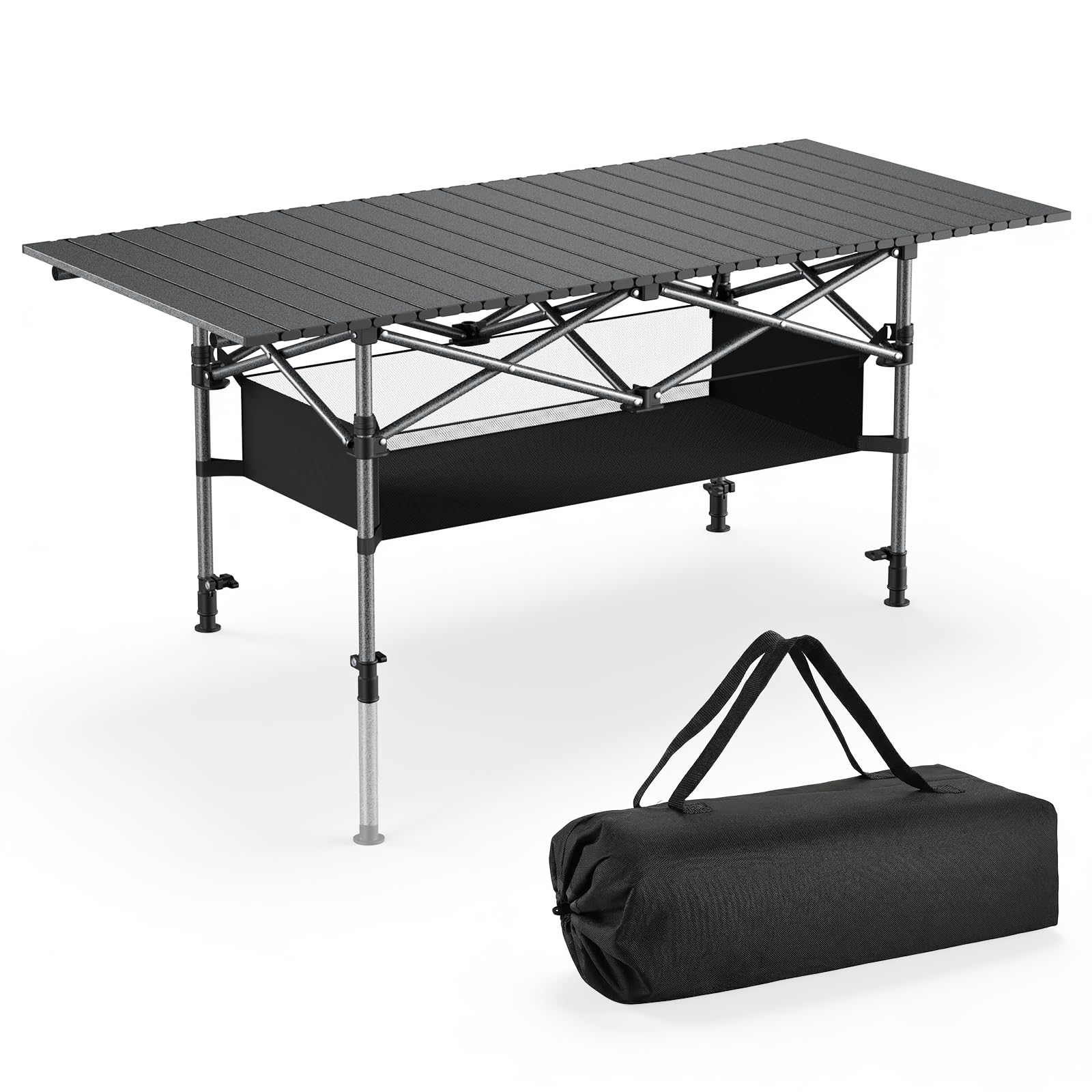 Yigowyigo Camping Table, Folding Table for Camping 120x55x55cm Height Adjustable, Aluminum Lightweight, Roll Up Top,Portable Fold up Tables with Carry Bag for Outdoor Picnic, Garden, Beach, BBQ Black