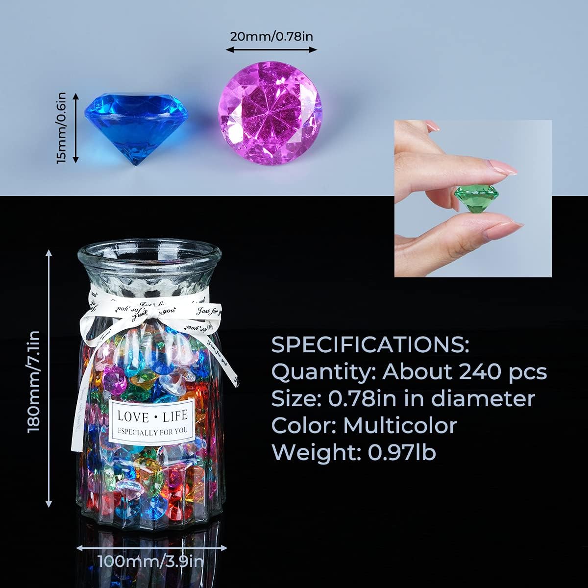 Babenest 240pcs Multicolor Acrylic Diamond Fake Gems, 3/4 Inch Vase Filler