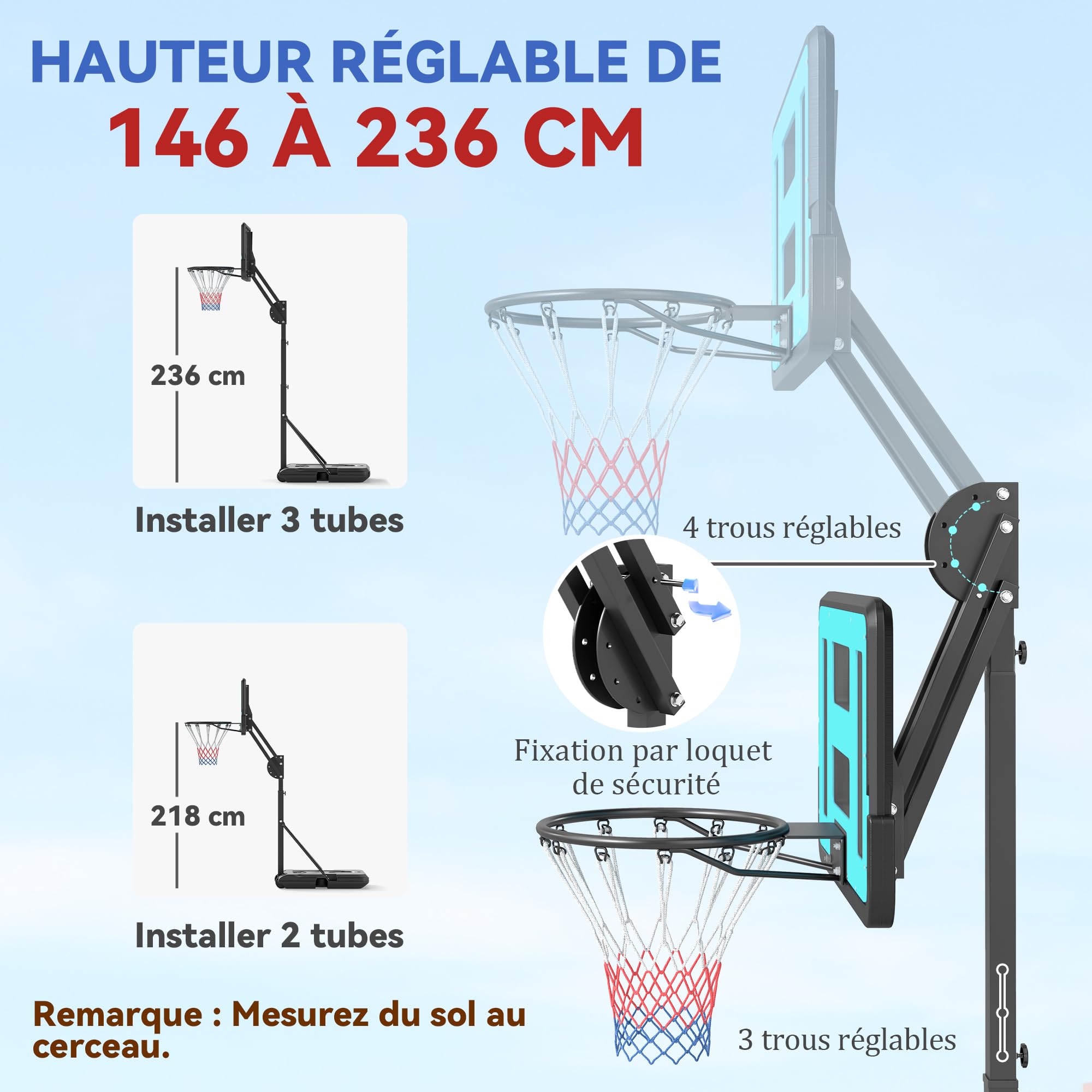 SPORTNOW Panier de Basket extérieur Hauteur réglable 146-236 cm Panier de Basket sur Pied à roulettes avec Base Stable remplissable d'eau ou de Sable pour Juniors et Adultes, Noir