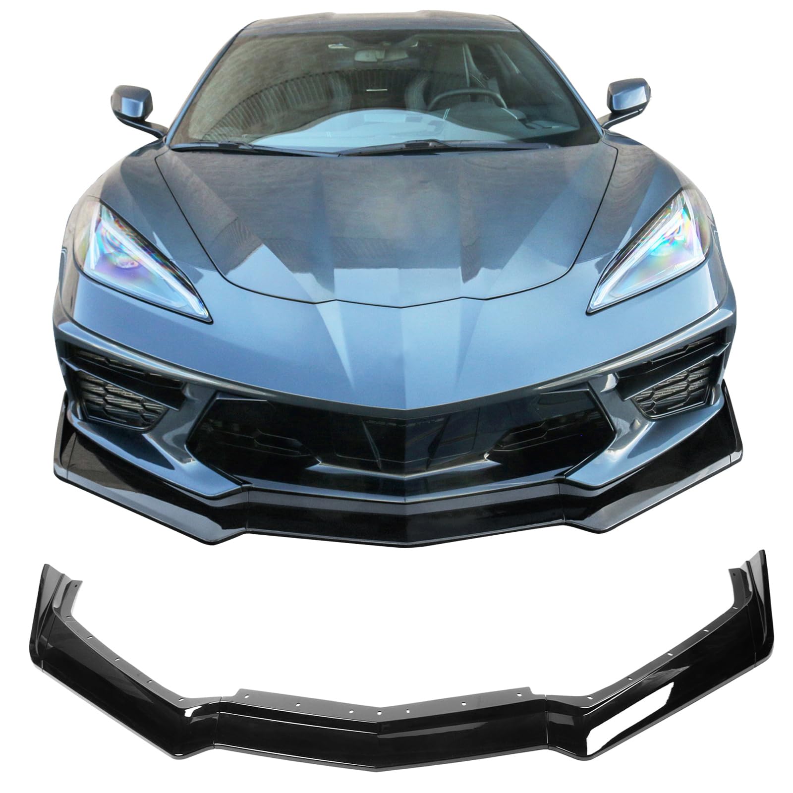 IKON MOTORSPORTS Front Bumper Lip Compatible with 2020-2025 Chevrolet Corvette, 5VM Style ABS Gloss Black Valance Chin Lip Spoiler Splitter