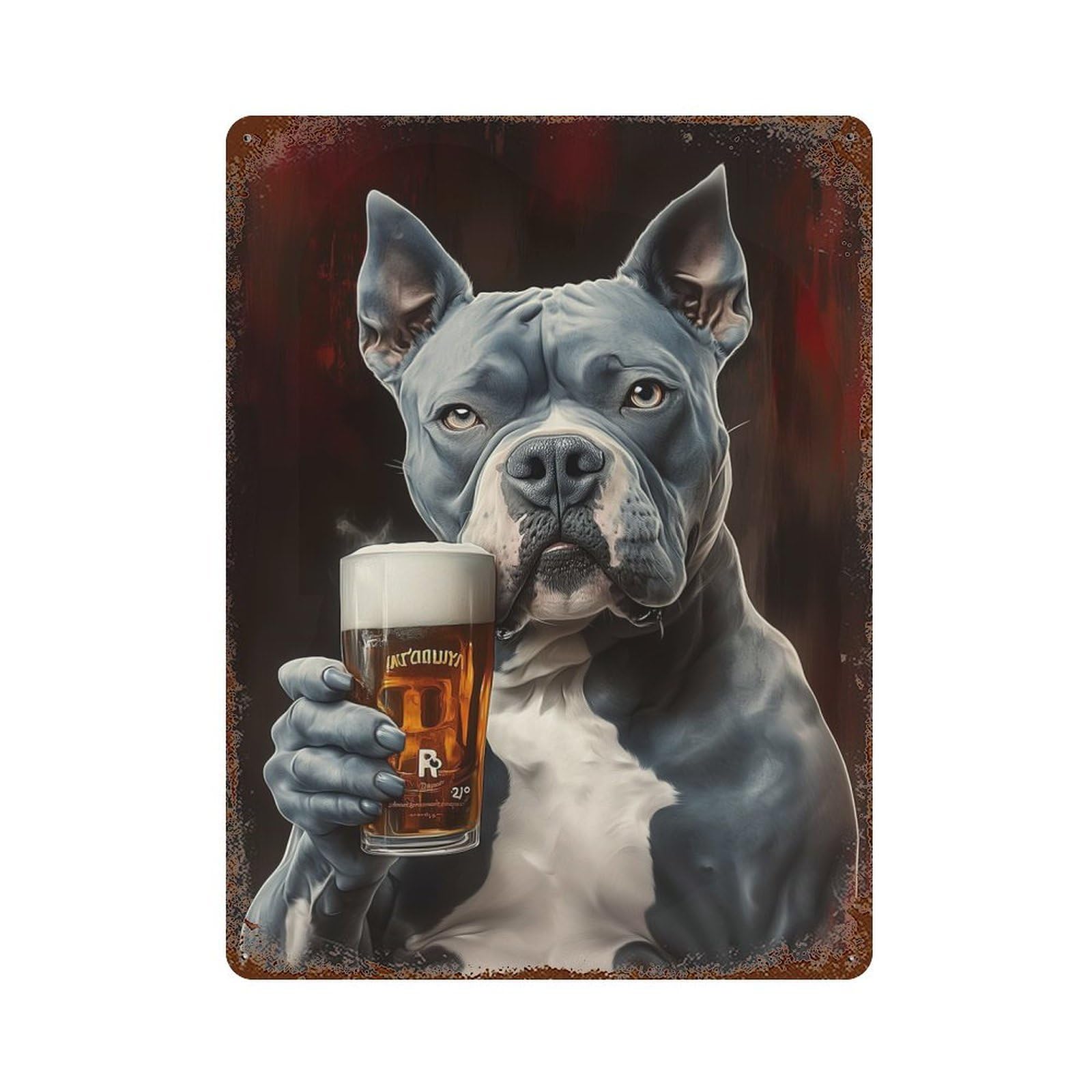 Retro Metal Sign with Pitbull Dog Holding Beer Design 15.7"x11.8", for Bistro, Counter And Cafe Decor, Shabby Chic Decor