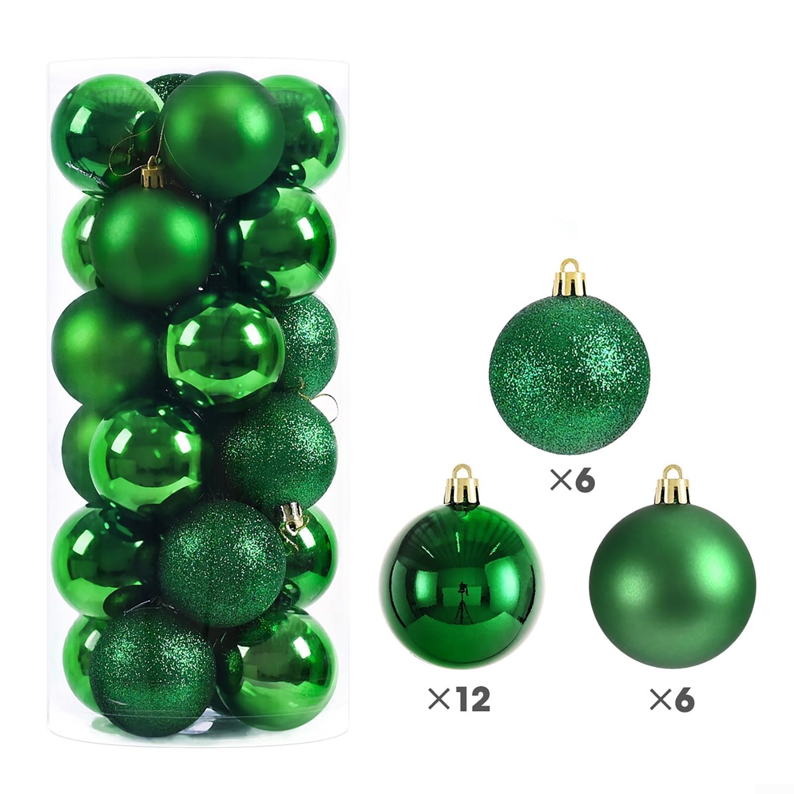 Juego de 24 bolas de decoración de Navidad con purpurina para árbol de Navidad y centros de mesa (verde)