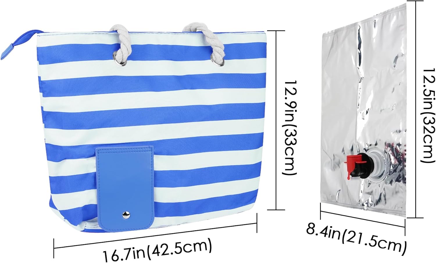 LUWOO Wine Tote Bag with Hidden Drink Dispenser Spout, Beach Wine Cooler Bag, Leakproof Insulated Wine Purse Carrier with 3 Refillable Replacement Pouch for BYOB, Pool, Camping (Blue)