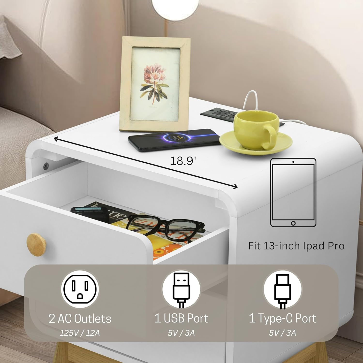 ELISA HOME Aries Set of 2 Nightstands with Charging Station, 2 Drawer Bedside Tables with Storage, Night Stands for Bedroom, End Table or Side Table for Living Room, 15.5" x 18.9" x 21.7", White