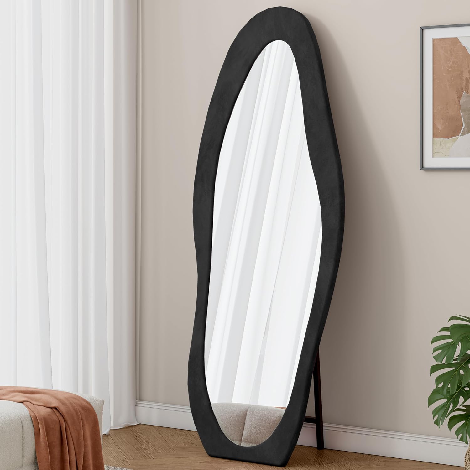 Kelligo Full Length Mirror, 63" x 24" Floor Mirror/Wall Mirror, Flannel Wrapped Wooden Frame Floor Mirror, Irregular Wavy Mirror Standing/Halling for Bedroom,Living Room, Dressing Room Black