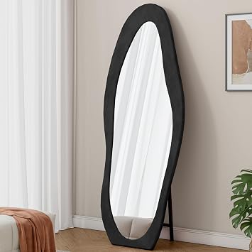 63" x 24" Lrregular Wall Mirror with Flannel-Wrapped Wooden Frame - Full-Length Mirror for Hanging or Leaning Against Wall in Cloakroom, Bedroom, Living Rooms, Black