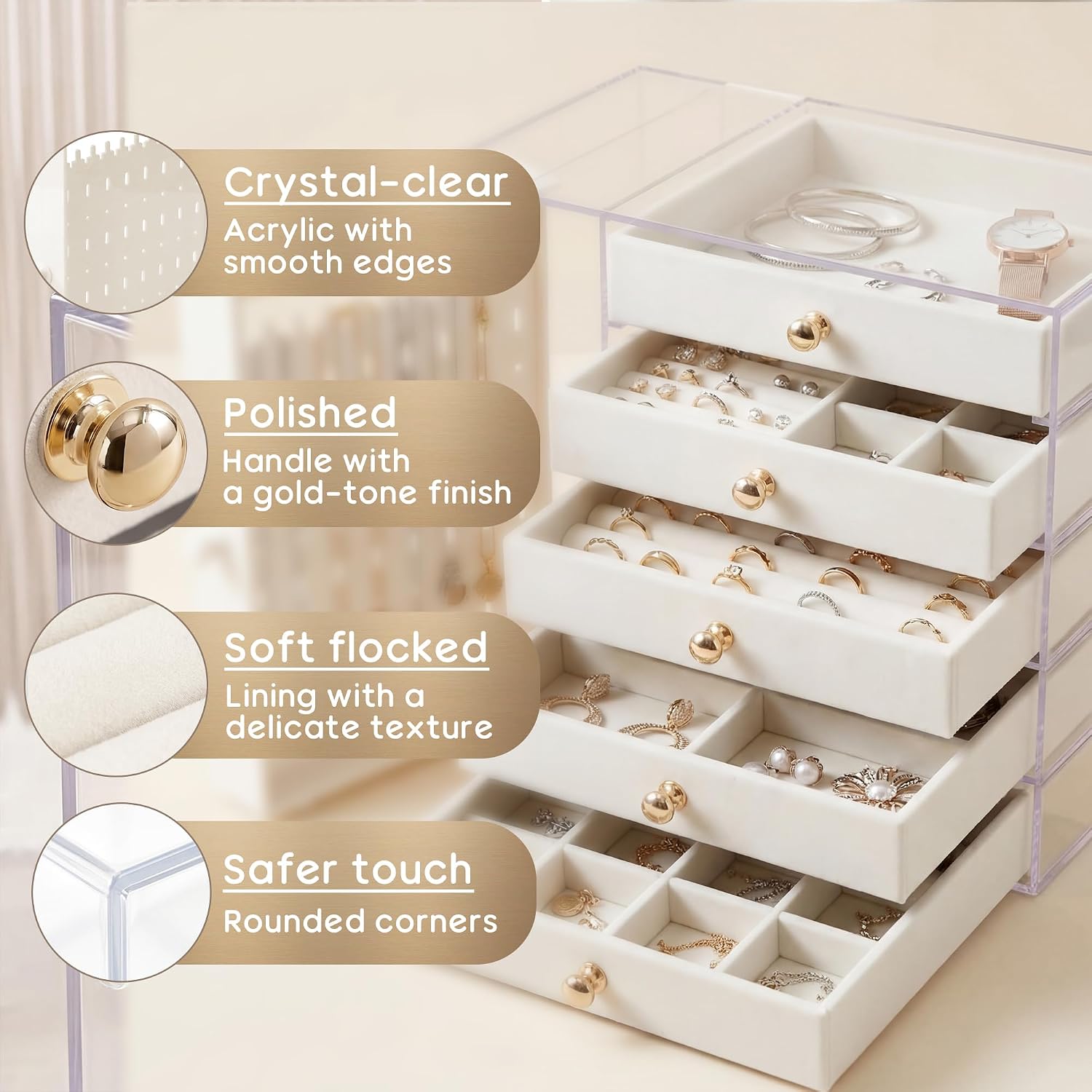 Jewelry Organizer with Clear Acrylic Display and Drawers, Dust-Protected Jewelry Storage Box for Necklaces, Earrings, Rings & Bracelets, Elegant Tabletop Organizer for Vanity, Bedroom or Desk, Ivory