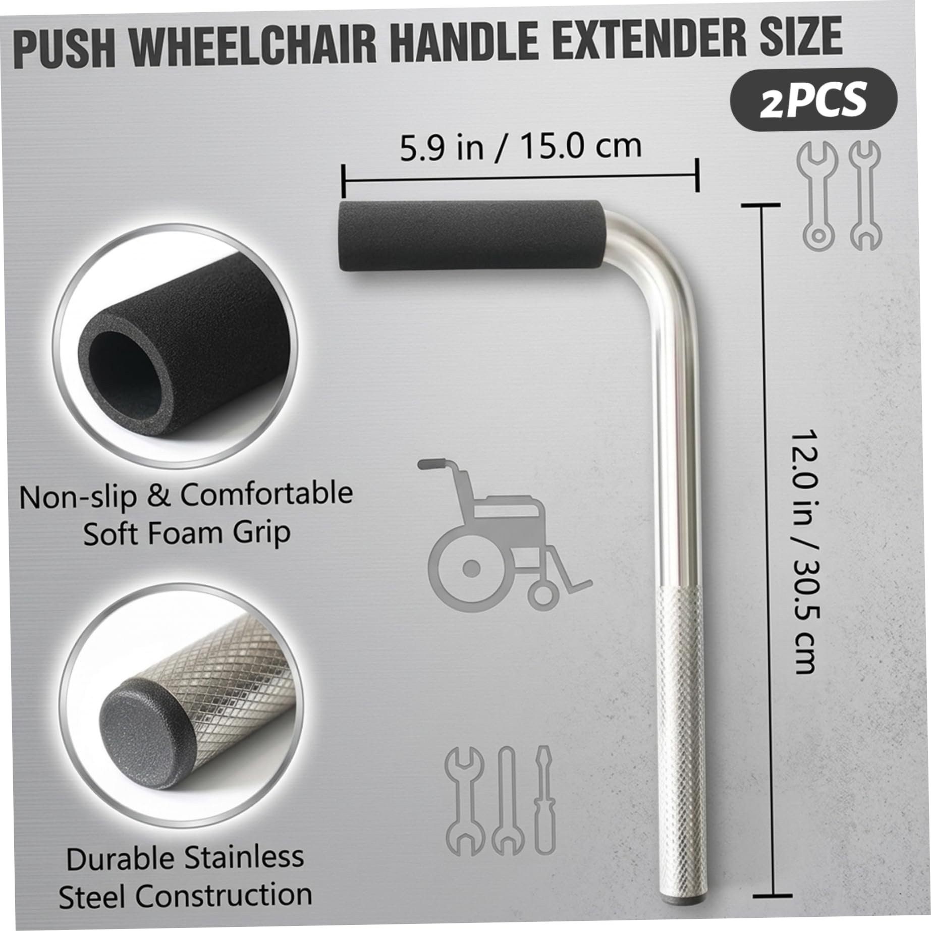 Extensores de mango para silla de ruedas, extensor de mango de empuje ajustable en altura para silla de ruedas y cochecito, paquete de 2 accesorios con extensores de agarre antideslizantes
