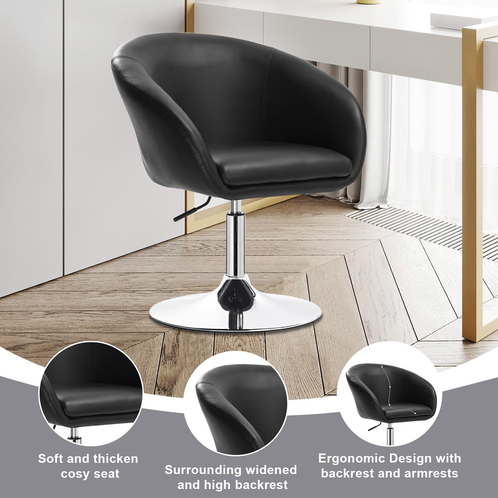 WOLTU Schminkstuhl, Barhocker mit Armlehne Lehne, PU Schwarz | Drehsessel Höhenverstellbar, gut gepolsterte Sitzfläche, Stuhl für Schminktisch, Schlafzimmer, Wohnzimmer