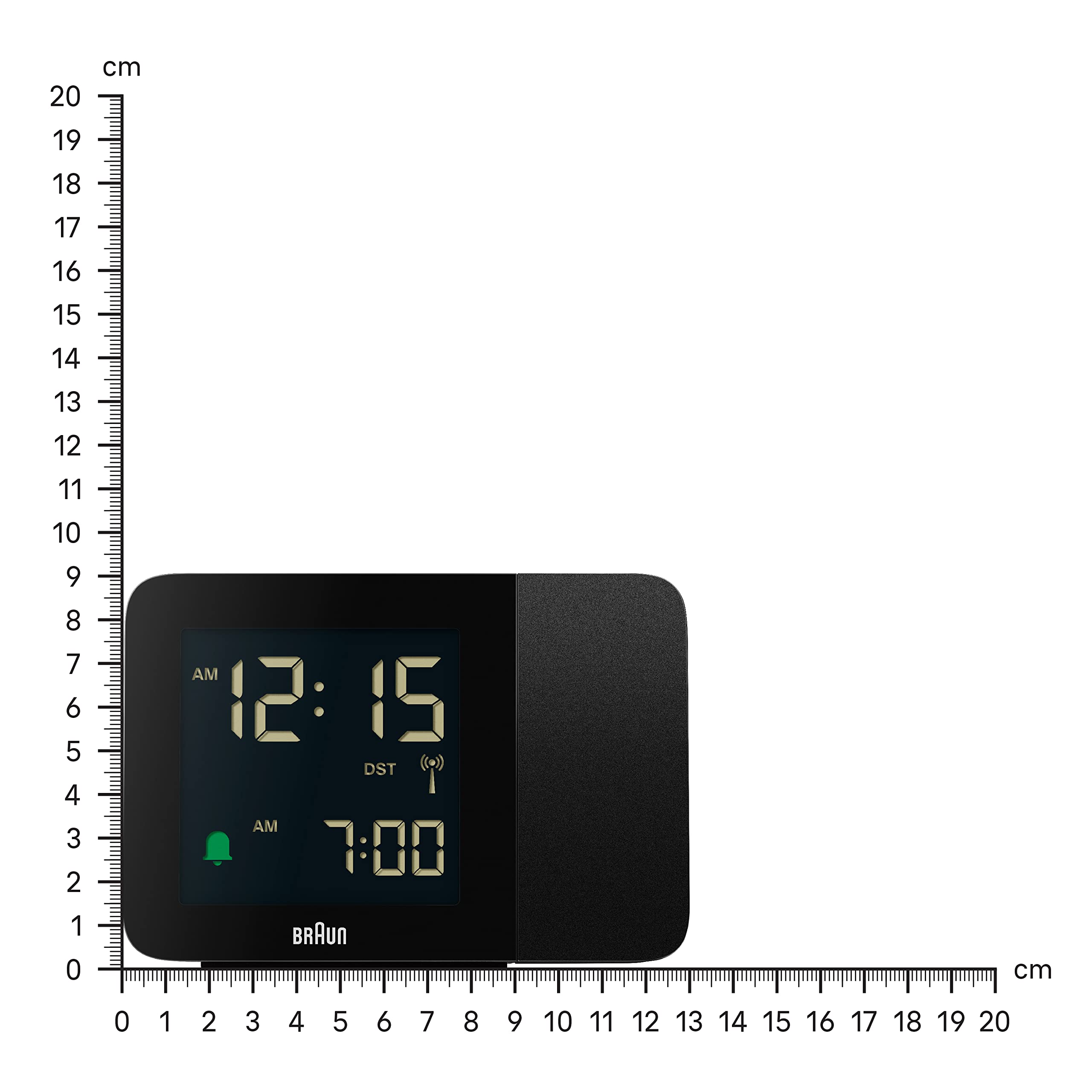 Braun Sveglia digitale proiezione, radiocontrollo per fuso orario dell'Europa centrale (DCF), con 4 opzioni di retroilluminazione, display LCD negativo, allarme acustico, nero, modello BC15B-DCF