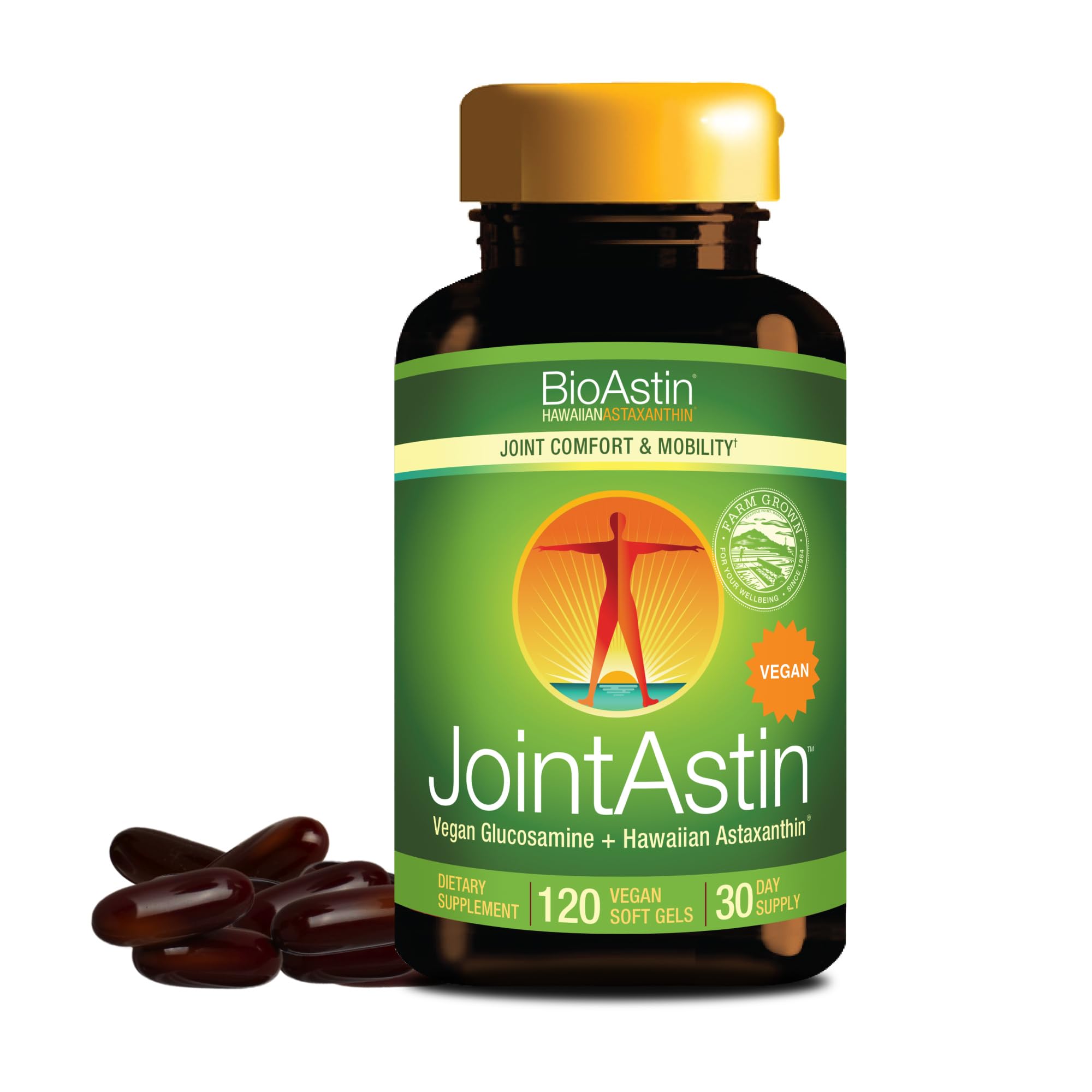 Hawaii Farm-Direct Antioxidant Supplement for Joint, Eye, Skin & Immune System Health* - JointAstin with Glucosamine & BioAstin Hawaiian Astaxanthin -12 mg, 120 Softgels