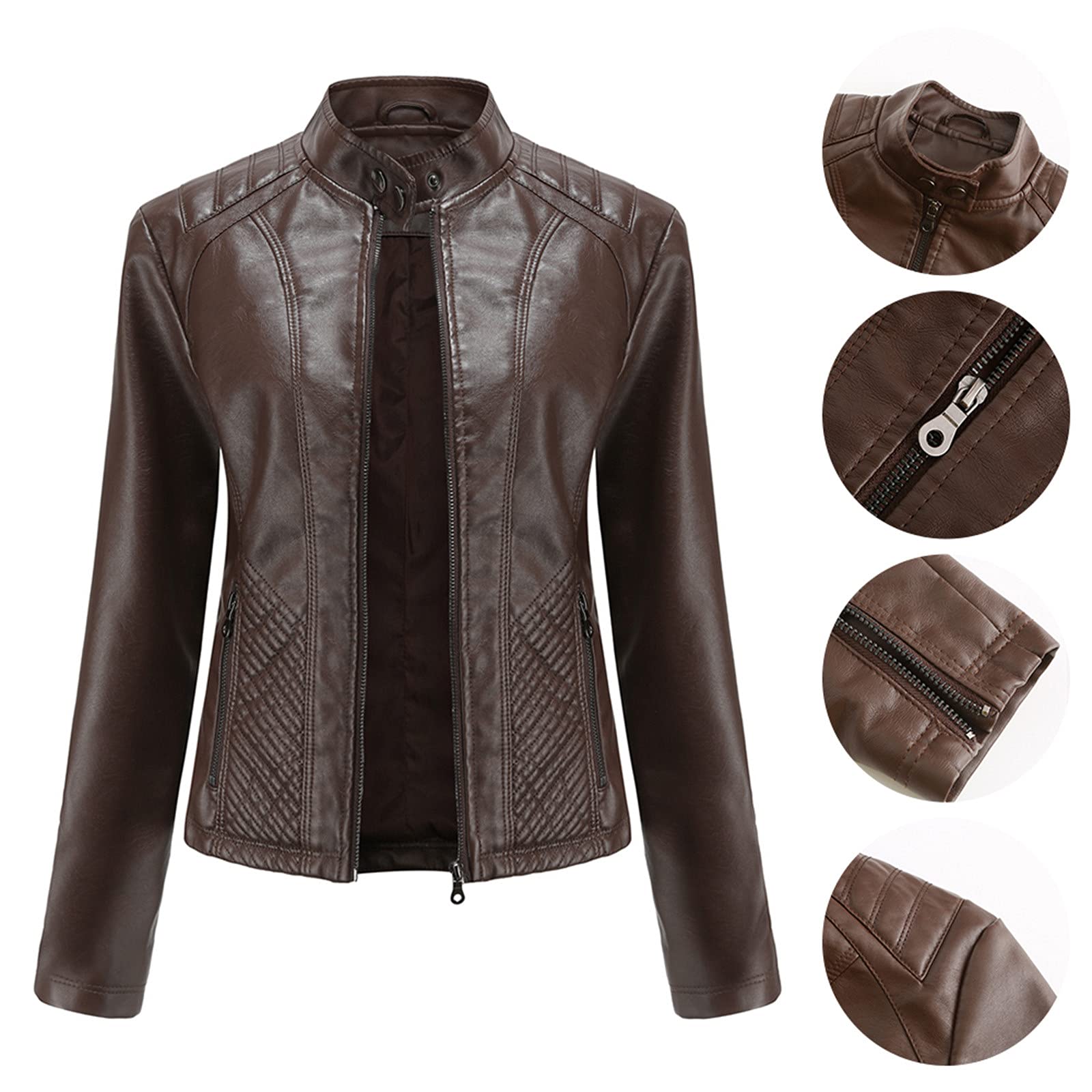 Veste en cuir synthétique pour femme et hiver - Veste bomber courte - Vêtement d'extérieur streetwear - Veste de motard - Marron - Veste bomber - Veste de moto en cuir synthétique - Veste longue en