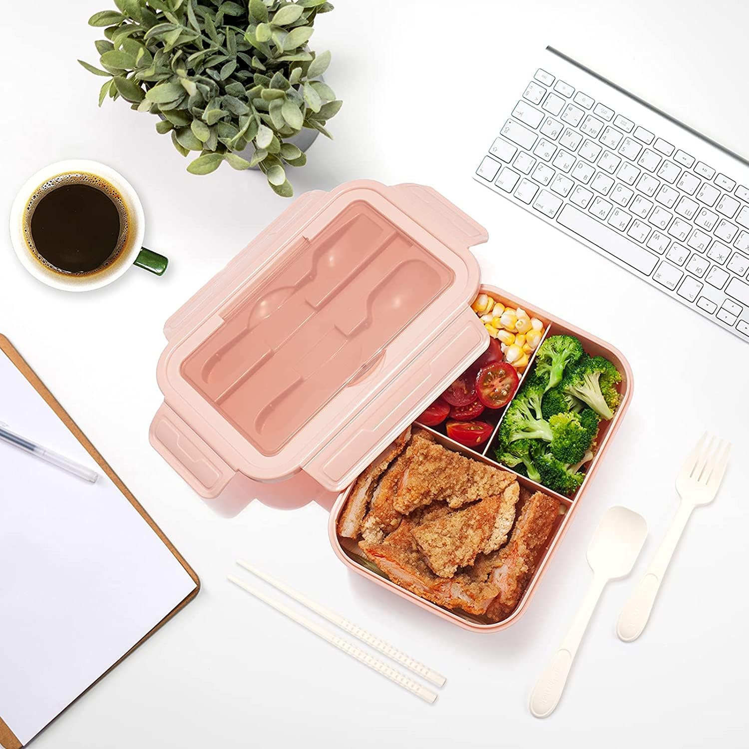 BIBURY Lunchbox, lekvrije bentobox voor kinderen en volwassenen, voedselcontainer met 3 compartimenten en bestekset, BPA-vrij, magnetron- en vaatwasmachinebestendig, maaltijdbereidingscontainers