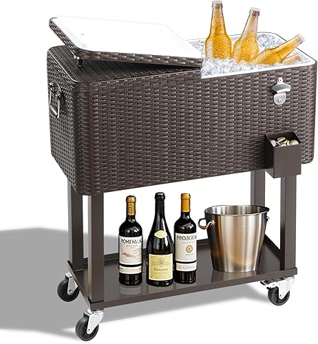 Vista 12 de Outvita Hielera Rodante de 80 Cuartos, Enfriador Portátil de Bebidas para Bar con Bandeja Colectora, Bandeja de Almacenamiento Inferior y Gris-oscuro