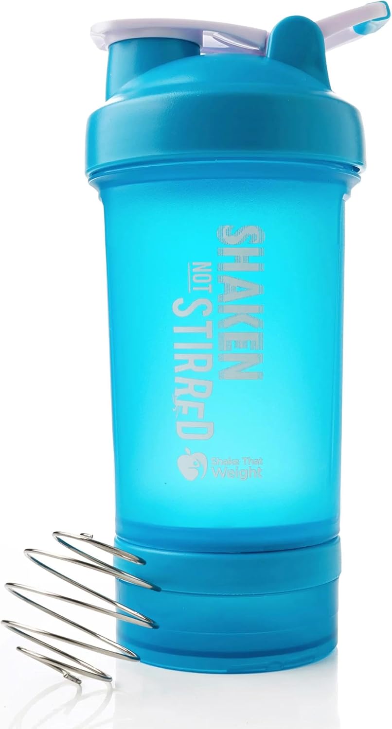 Shake That Weight 450ml Protein Shaker – Blue – With Storage Attachment For Protein and Diet Shake Powder, Wire Ball Mixer, Bag Attachment Loop