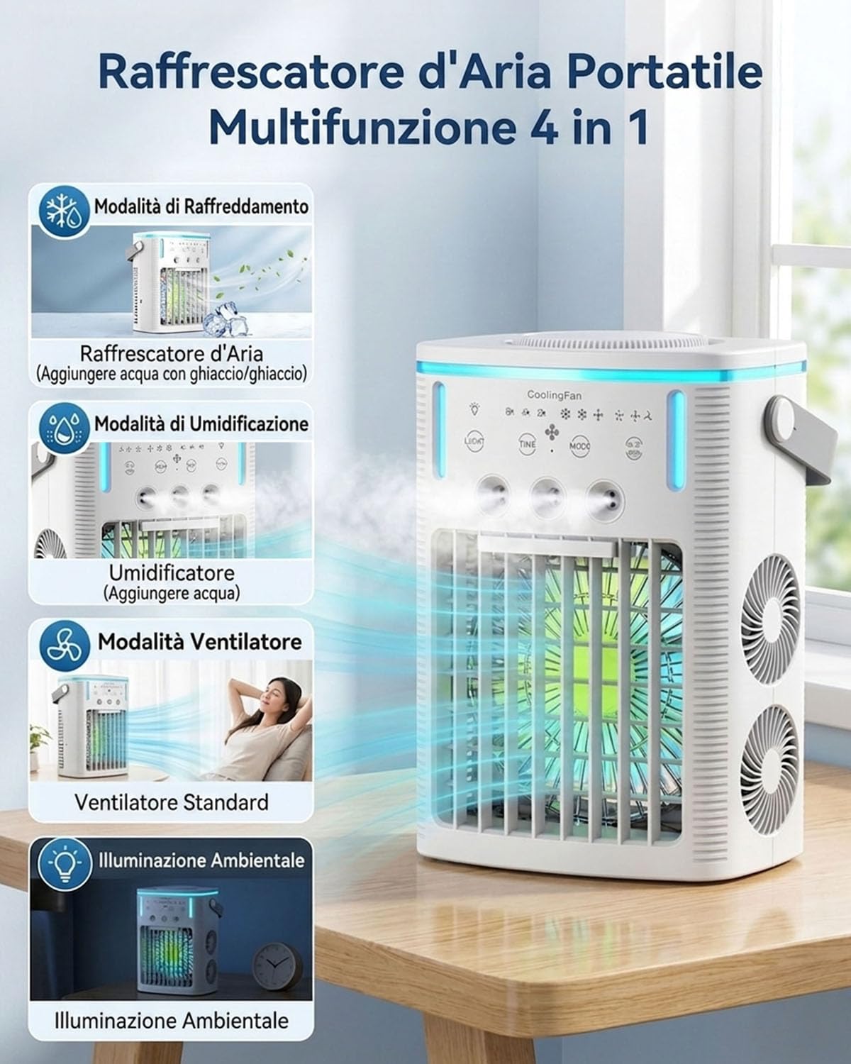 Condizionatore Portatile Silenzioso con Telecomando, Mini Raffreddatore d'Aria 4-in-1 con Serbatoio da 1000ml, Raffrescamento a 3 Ugelli per Camera da Letto e Ufficio, Timer 2-8H e 7 Colori LED