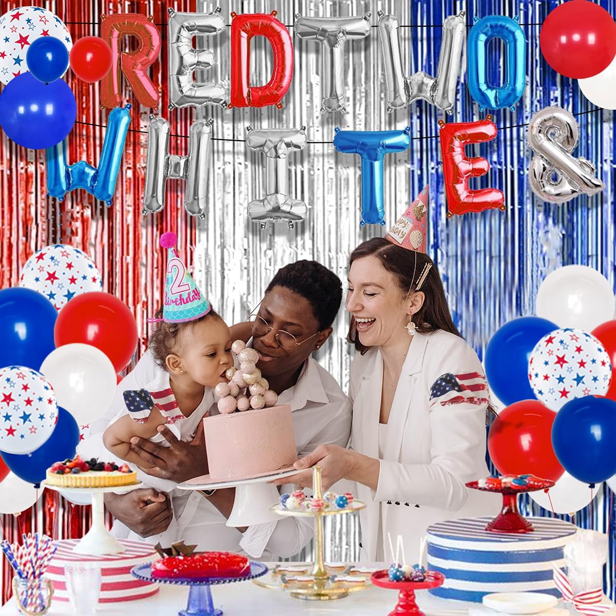 Red White And Two Birthday Banner - 4th Of July Patriotic Party Decorations With Glitter