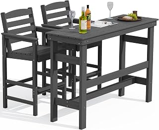 SERWALL Outdoor Bar Table & 2 Adirondack Bar Chairs Set, HDPE All-Weather Patio Bar Height Furniture, Grey, 350lbs Capacity