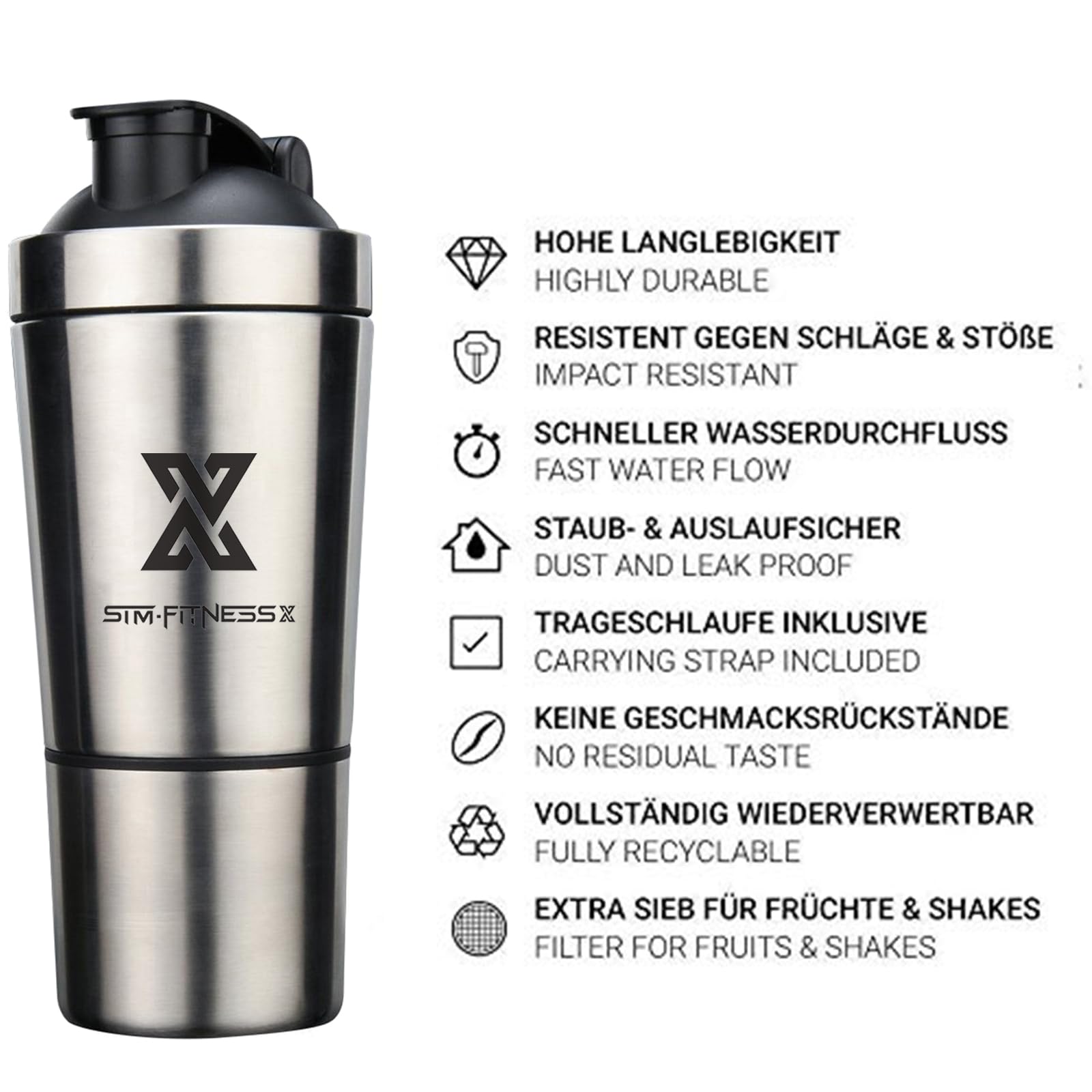 X SIM FITNESSX Fitness Sport Bottle Shaker per Proteine Acciaio Inox in Acciaio da capacità 700ML/591ML+200ML (591ML+200MLcontenitore proteico)