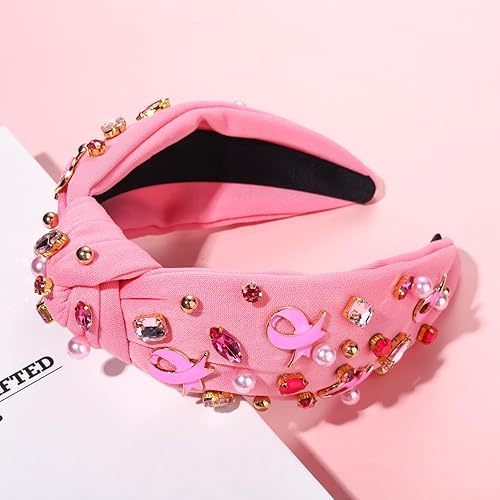 Miniatura 7 de Diadema anudada rosa brillante con diamantes de imitación para concientización sobre el cáncer de mama, diadema de nudo de conciencia sobre el