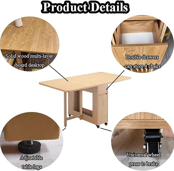 Folding Dining Table Set, Extendable Solid Wood Drop Leaf Table, with 4 Foldable Chairs, Wheels, Space Saving Design for Kitchen Dining Room Living Room Restaurant