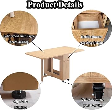 Folding Dining Table Set, Extendable Solid Wood Drop Leaf Table, with 4 Foldable Chairs, Wheels, Space Saving Design for Kitchen Dining Room Living Room Restaurant
