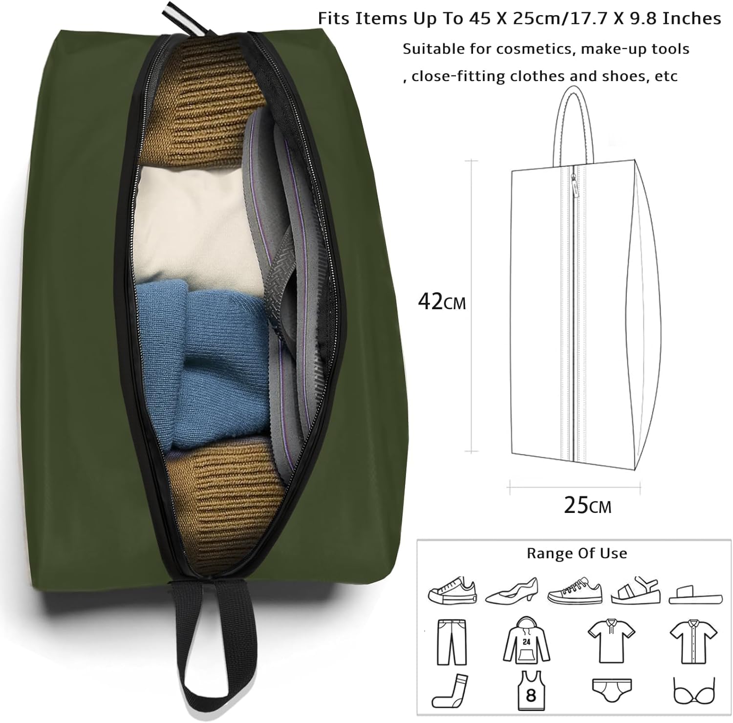 Shoe Bags for Travel Waterproof Odor Absorbing Lightweight Golf Soccer Shoe Storage Organizer Pouch with Smooth Zipper and Handle, Portable Travel Essentials (Dark Green, 1-Pack) - Image 8