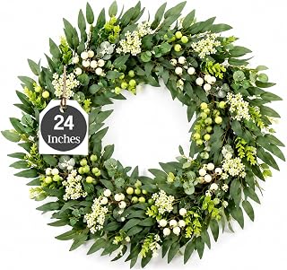24 Inch Olive Wreath for Front Door, Artificial Olive Leaf Greenery Decor