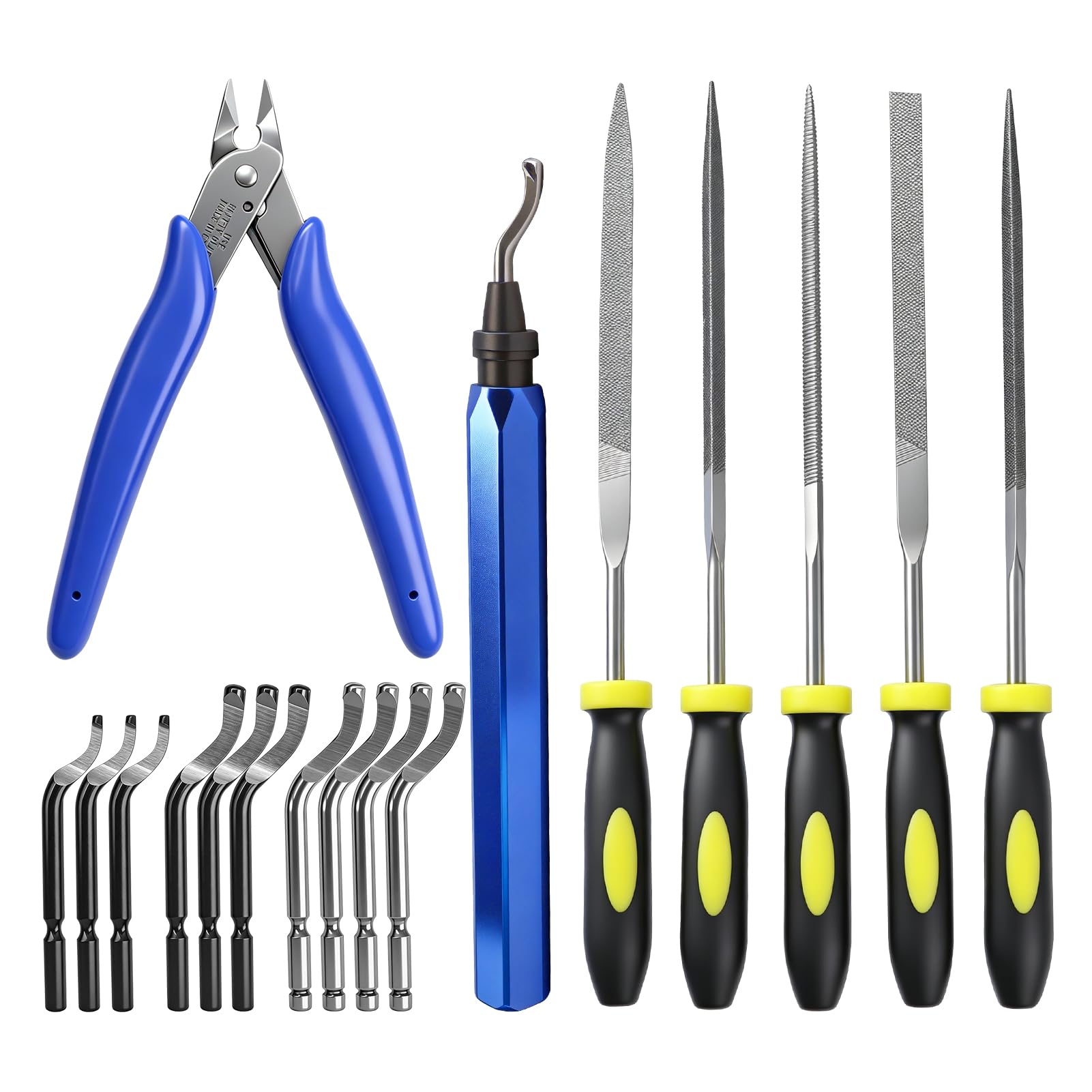 Kit de Desbarbado Manual con 10 Cuchillas, 5 Limas y Alicate de Corte para Metal, Plástico, Resina