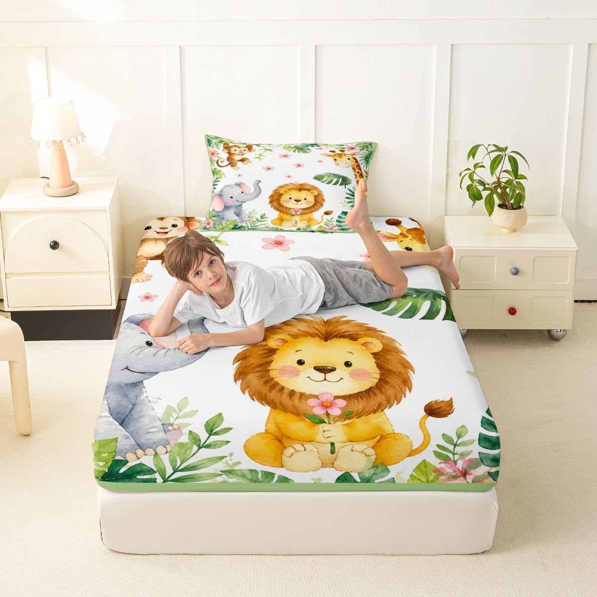 Feelyou Cartoon Animal Bed Sheets Set Twin Size Zoo Animal Bed Set Jungle Theme Deep Pocket Fitted Sheet Breathable Soft Lightweight Microfiber