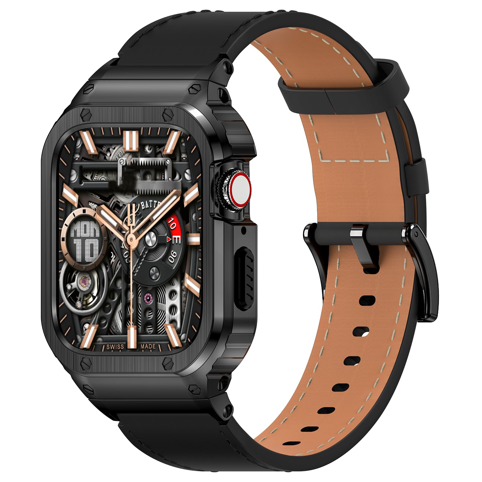 SUPLINK Stainless Steel Case and Leather Band Compatible with Apple Watch Bands 40mm 38mm 41mm Men, Replacement Strap for iWatch Apple Watch Series 9 8 7 6 5 4 3 2 1 SE Black