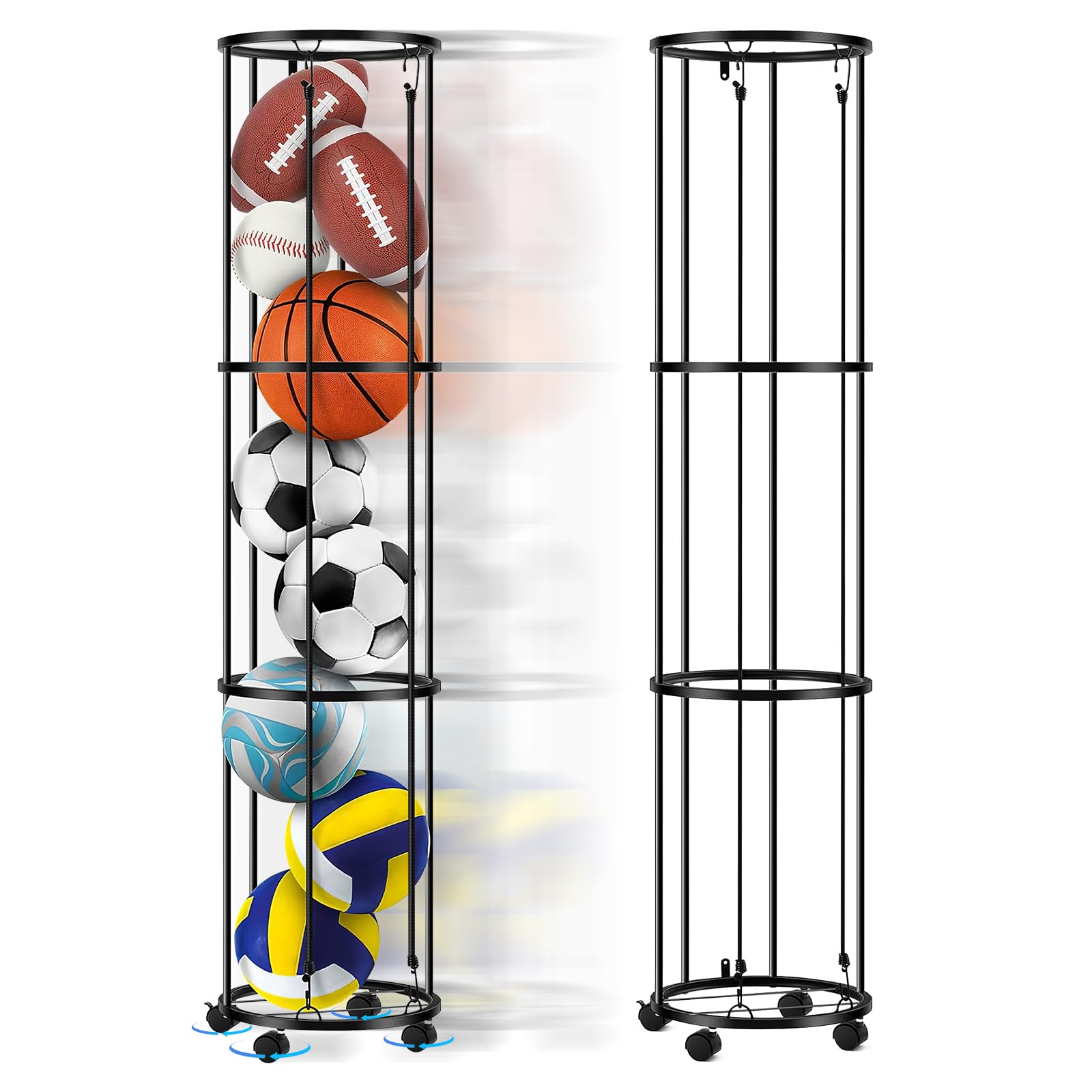 Columnar Vertical Ball Storage Racks with Wheels-New Durable Rolling Basketball Holder Wall Mount for Soccer, Volleyball, Space-Saving Garage Sports Ball Rack Organizer for Home,Gym & Outdoors