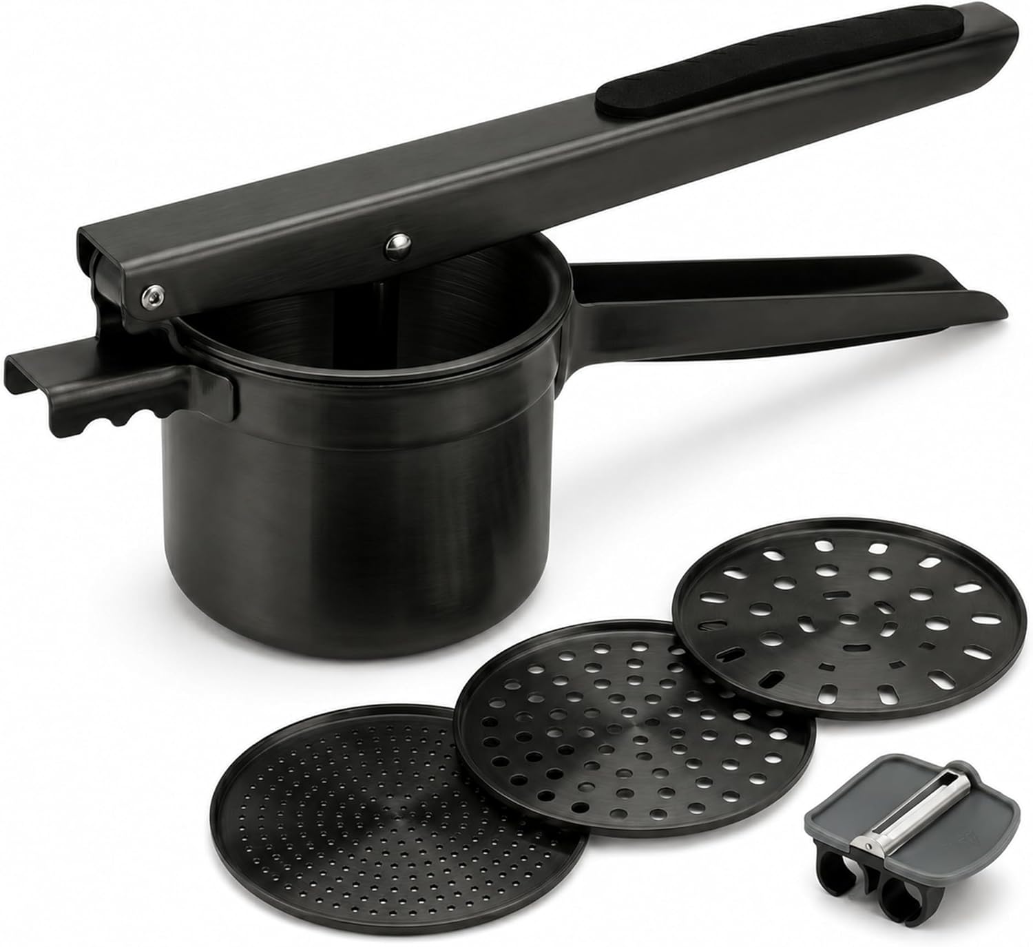 Potato Ricer Stainless Steel (15 oz, Black) - Heavy Duty Potato Masher with 3 Interchangeable Discs & Peeler - Easy Mashed Potatoes Kitchen Tool by Kovilo