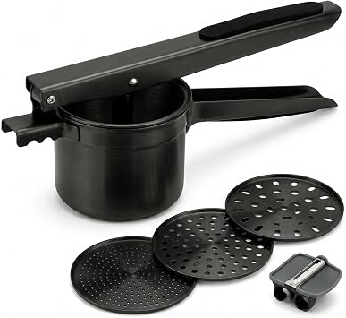 Potato Ricer Stainless Steel 15 oz, Black - Heavy Duty Potato Masher with 3 Interchangeable Discs & Peeler - Easy Mashed Potatoes Kitchen Tool by Kovilo