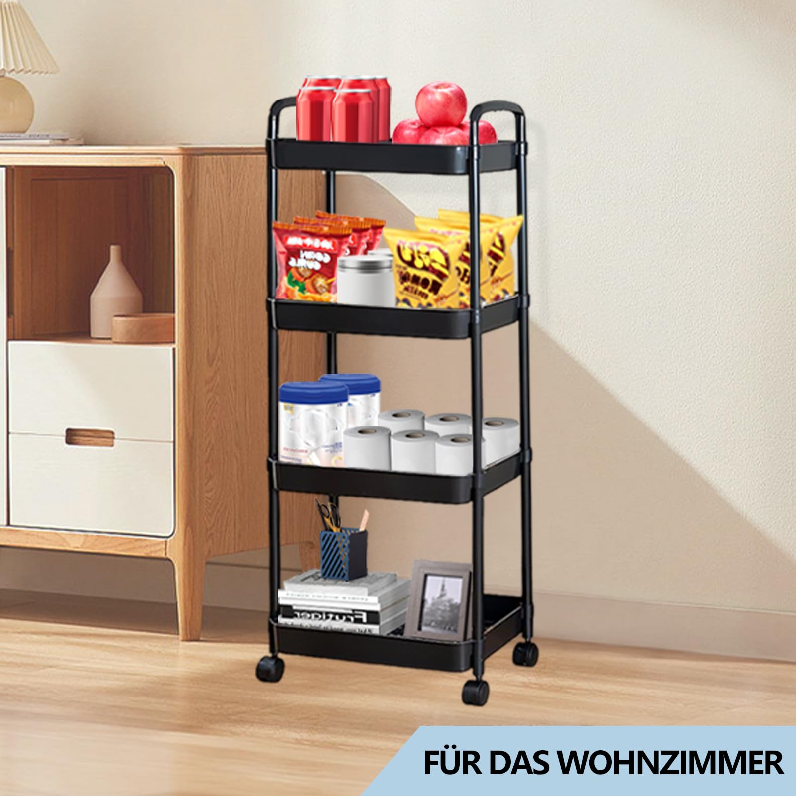 UUE Küchenwagen mit 4 Ebenen, Nischenwagen mit 4 Haken, Rollwagen Nischenregal auf Rollen, platzsparendes Badregal und Küchenregal für Wohnzimmer, Schlafzimmer, Bad, 100 x 36 x 24cm (Schwarz)