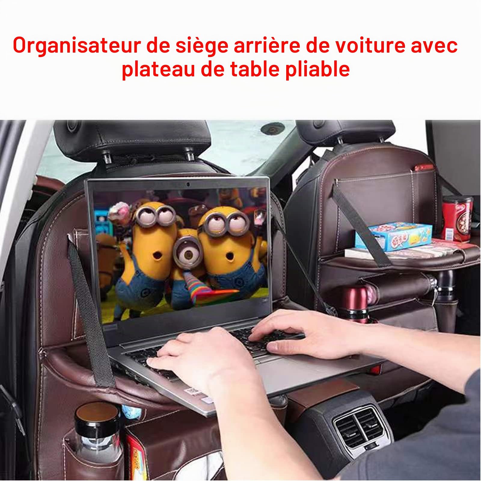 Organisateur de siège arrière en cuir PU de qualité supérieure avec table pliable, poches de rangement multiples et sangle à boucle réglable - Beige
