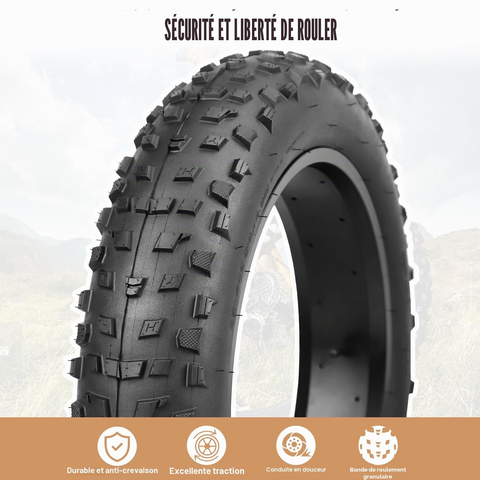 Pneu de Vélo 20x4.0 (98-406) - Pneu Large pour VTC, Vélo Électrique, Fat Bike - Pression 20 PSI - Anticrevaison