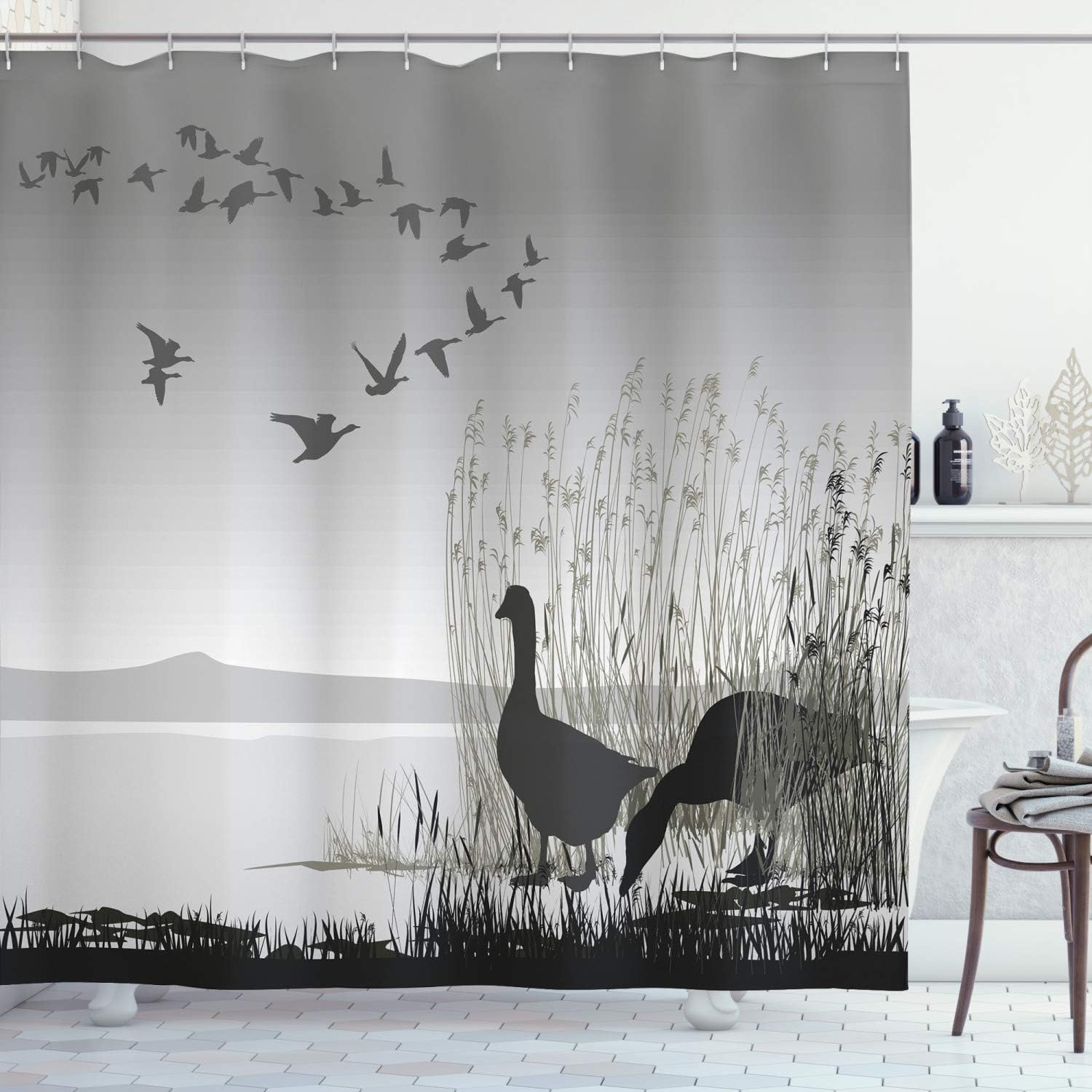 Ambesonne Africa Shower Curtain, Silhouette of a Geese by The Frozen Lake Flying Autumn Birds in The Sky Scenery, Cloth Fabric Bathroom Decor Set with Hooks, 69" W x 70" L, Black Blue