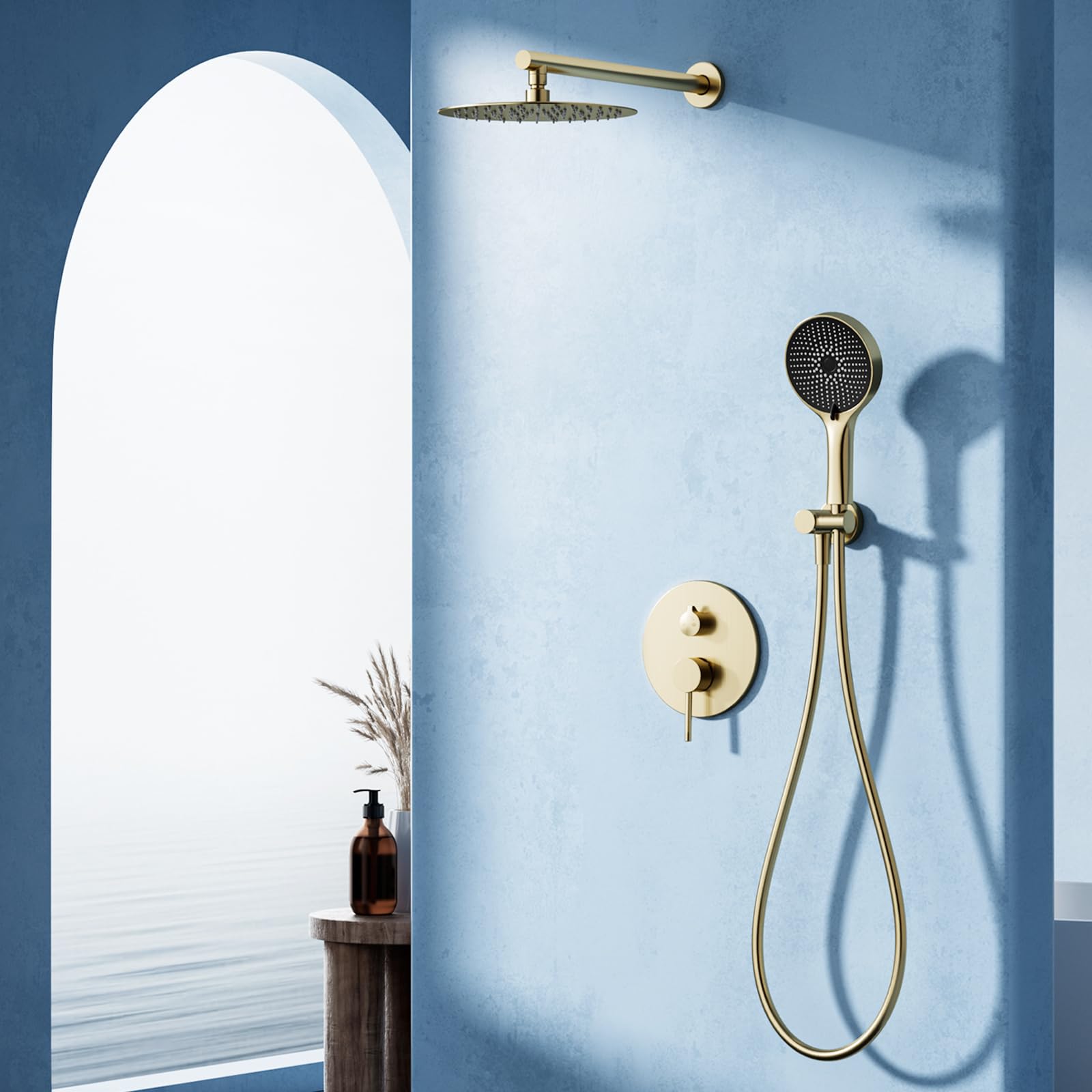 Colonne de douche,Système de douche avec pomme de douche à effet pluie 30x30cm,Ensemble d'accessoires de douche encastrés en or brossé,Pommeau de douche à effet pluie réglable à 360°,Buse anticalcaire