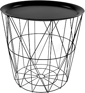 Black Geometric Iron Metal Wire Round Tray Top Storage Side Table Basket
